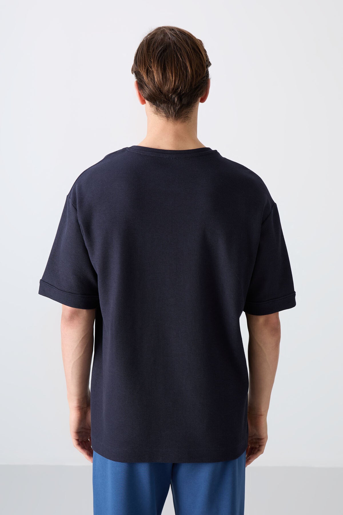 Navy Blue Textured Thick Surface Cotton Oversize Fit Basic Men's T-Shirt - 88339