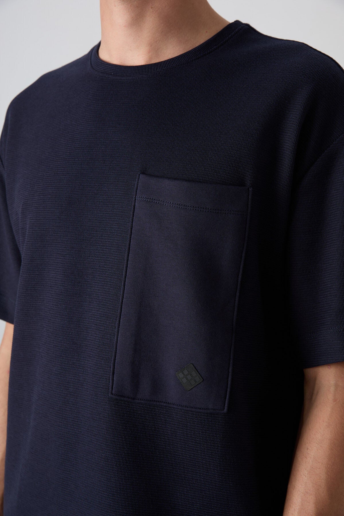 Navy Blue Thick Textured Surface Cotton Oversize Fit Basic Men's T-Shirt - 88341
