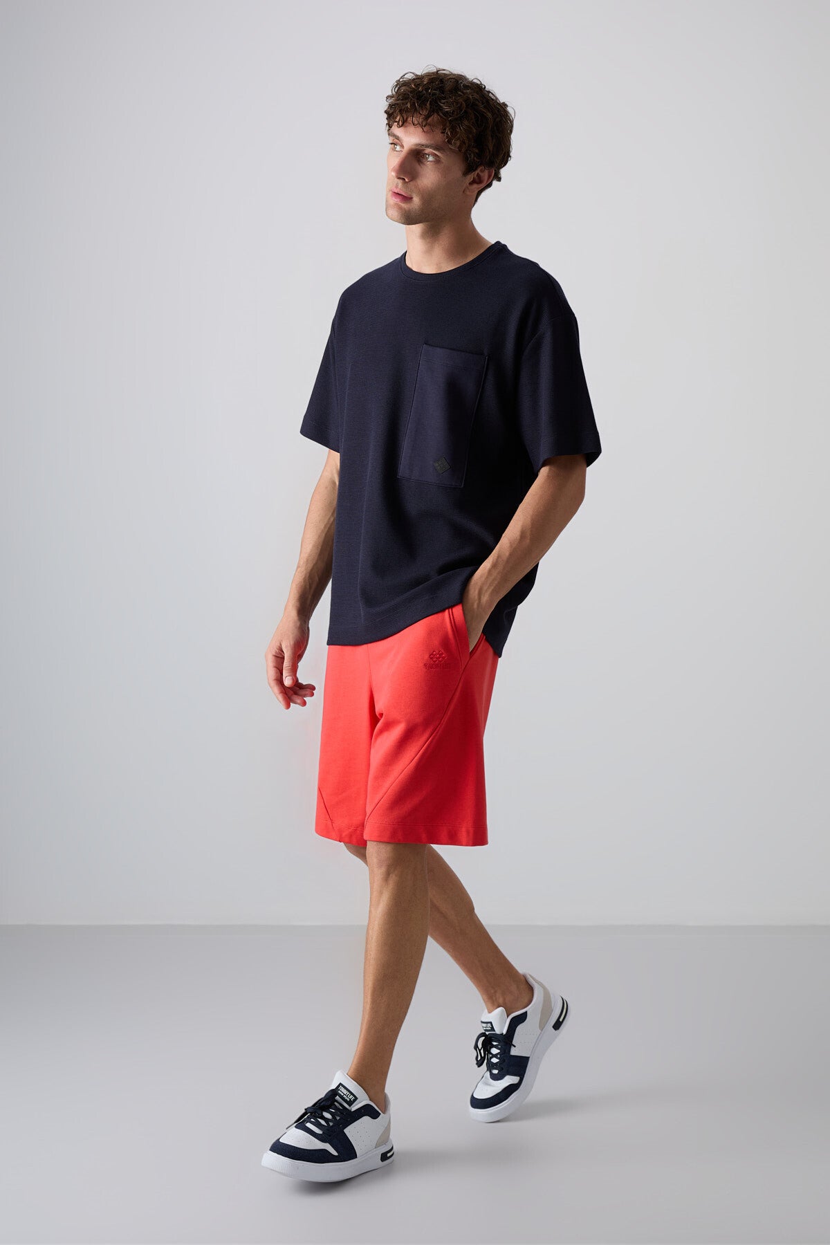Navy Blue Thick Textured Surface Cotton Oversize Fit Basic Men's T-Shirt - 88341
