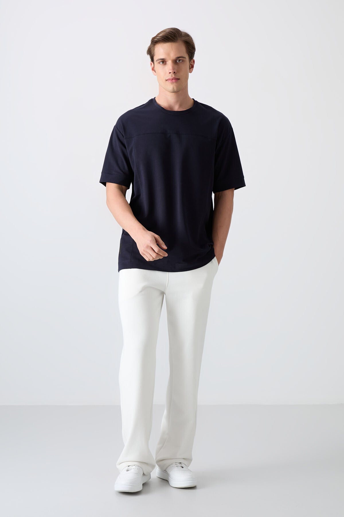 Navy Blue Cotton Thick Soft Textured Oversize Fit Basic Men's T-Shirt - 88349