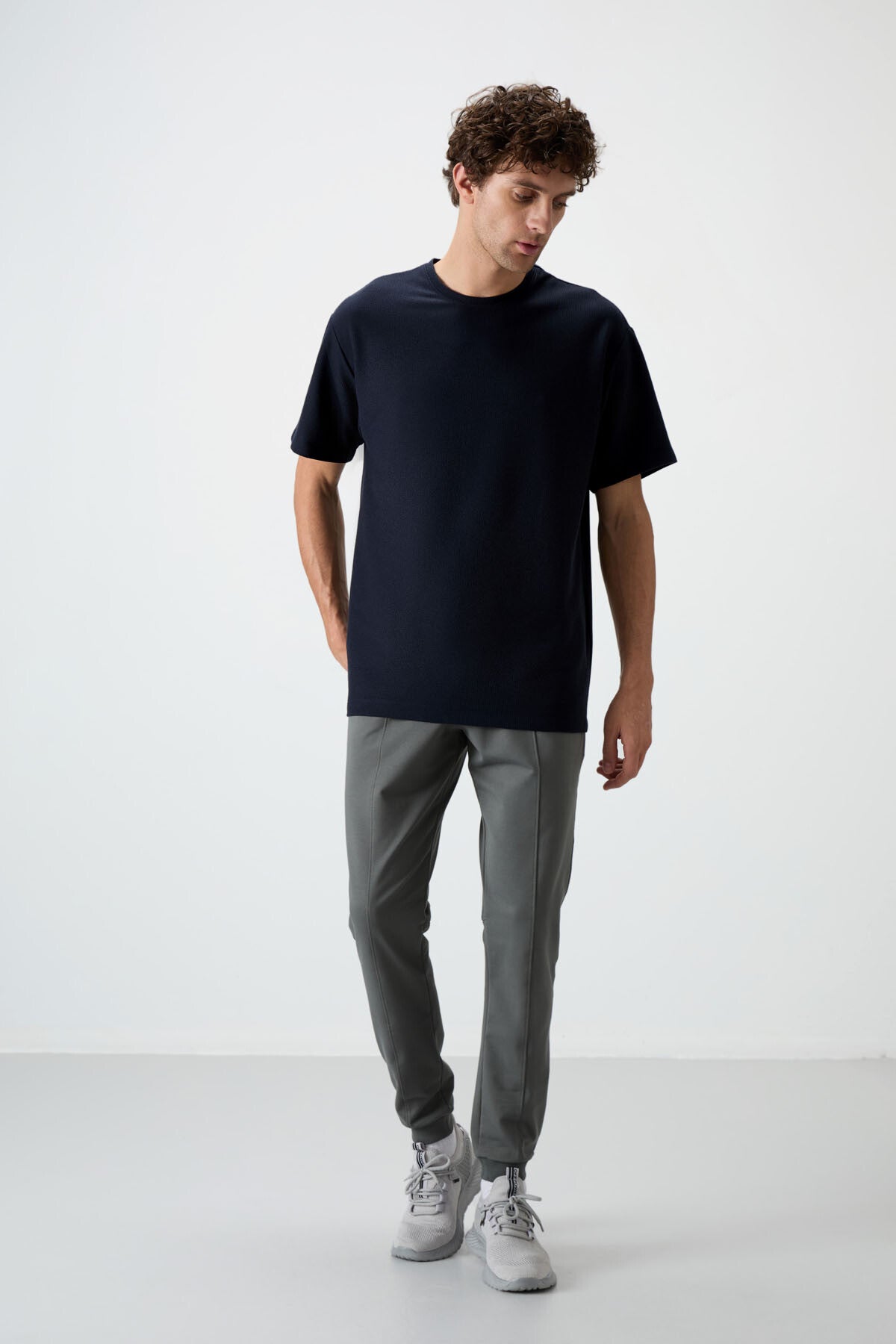 Navy Waffle Interlock Textured Surface Oversize Fit Basic Men's T-Shirt - 88379
