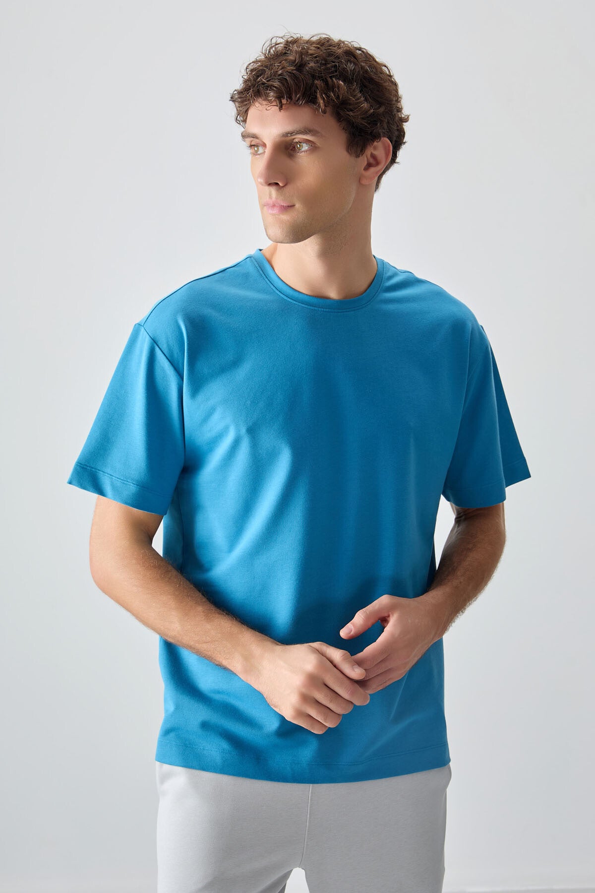 Petrol Blue Cotton Thick Soft Textured Oversize Fit Basic Men's T-Shirt - 88377