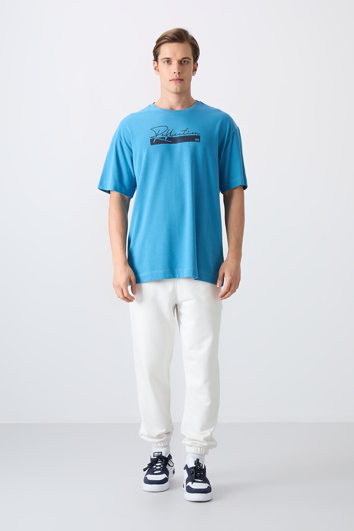 Petrol Blue Cotton Thick Soft Textured Oversize Fit Printed Men's T-Shirt - 88334
