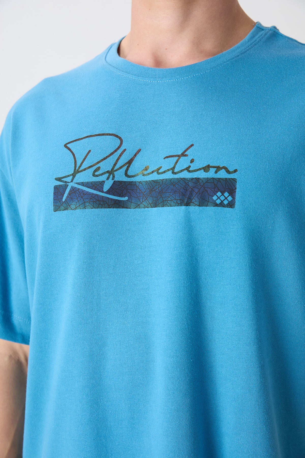 Petrol Blue Cotton Thick Soft Textured Oversize Fit Printed Men's T-Shirt - 88334