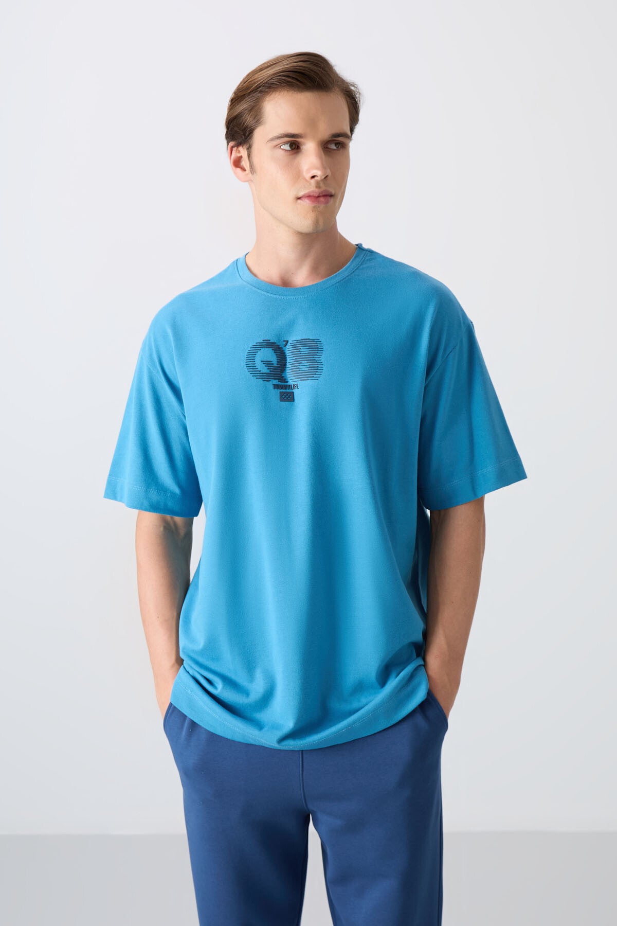 Petrol Blue Cotton Thick Soft Textured Oversize Fit Printed Men's T-Shirt - 88333