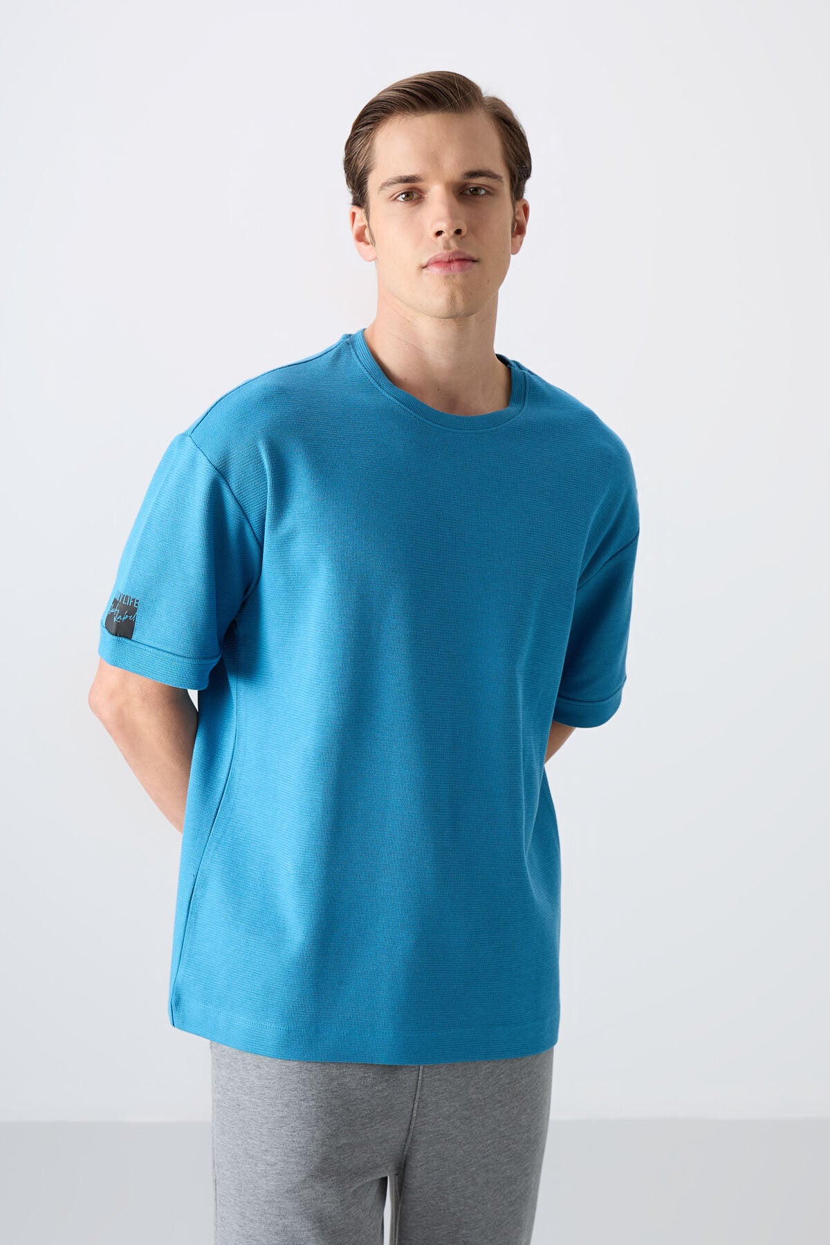 Petrol Blue Cotton Thick Textured Surface Oversize Fit Basic Men's T-Shirt - 88339