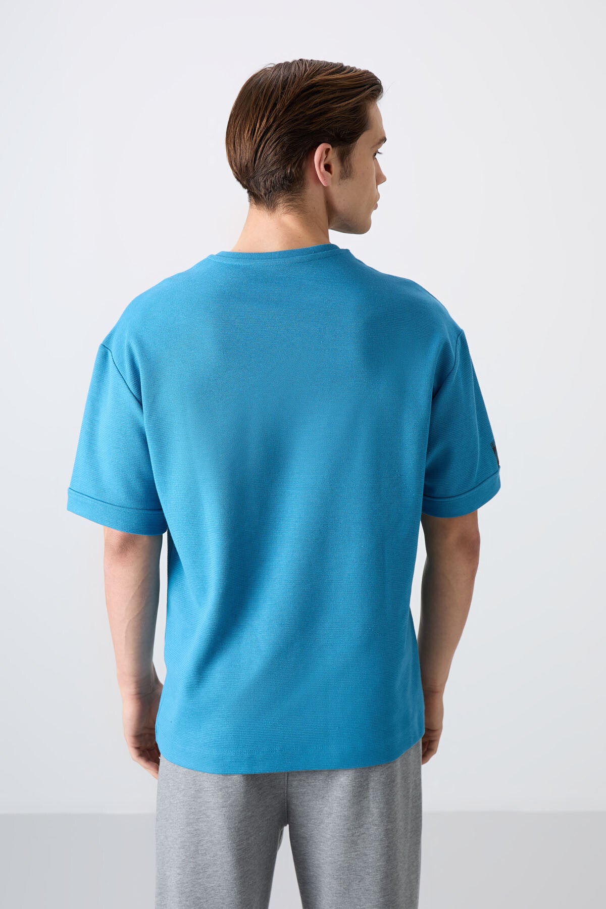 Petrol Blue Cotton Thick Textured Surface Oversize Fit Basic Men's T-Shirt - 88339
