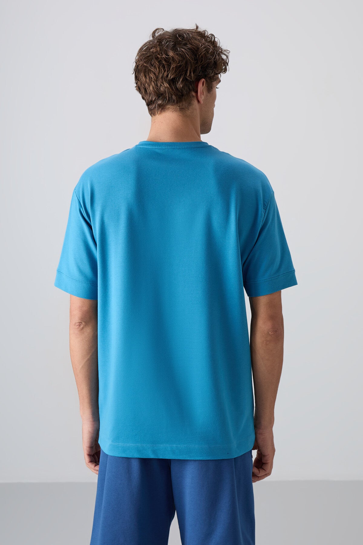 Petrol Blue Cotton Thick Soft Textured Oversize Fit Basic Men's T-Shirt - 88349