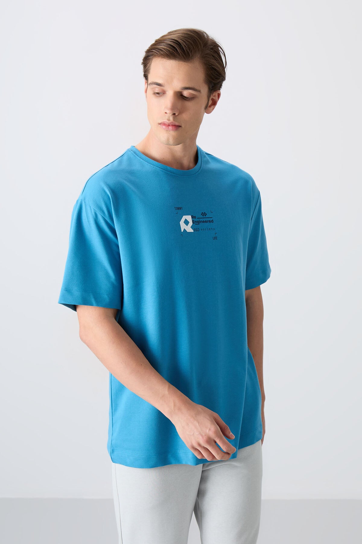 Petrol Blue Cotton Thick Soft Textured Oversize Fit Printed Men's T-Shirt - 88350