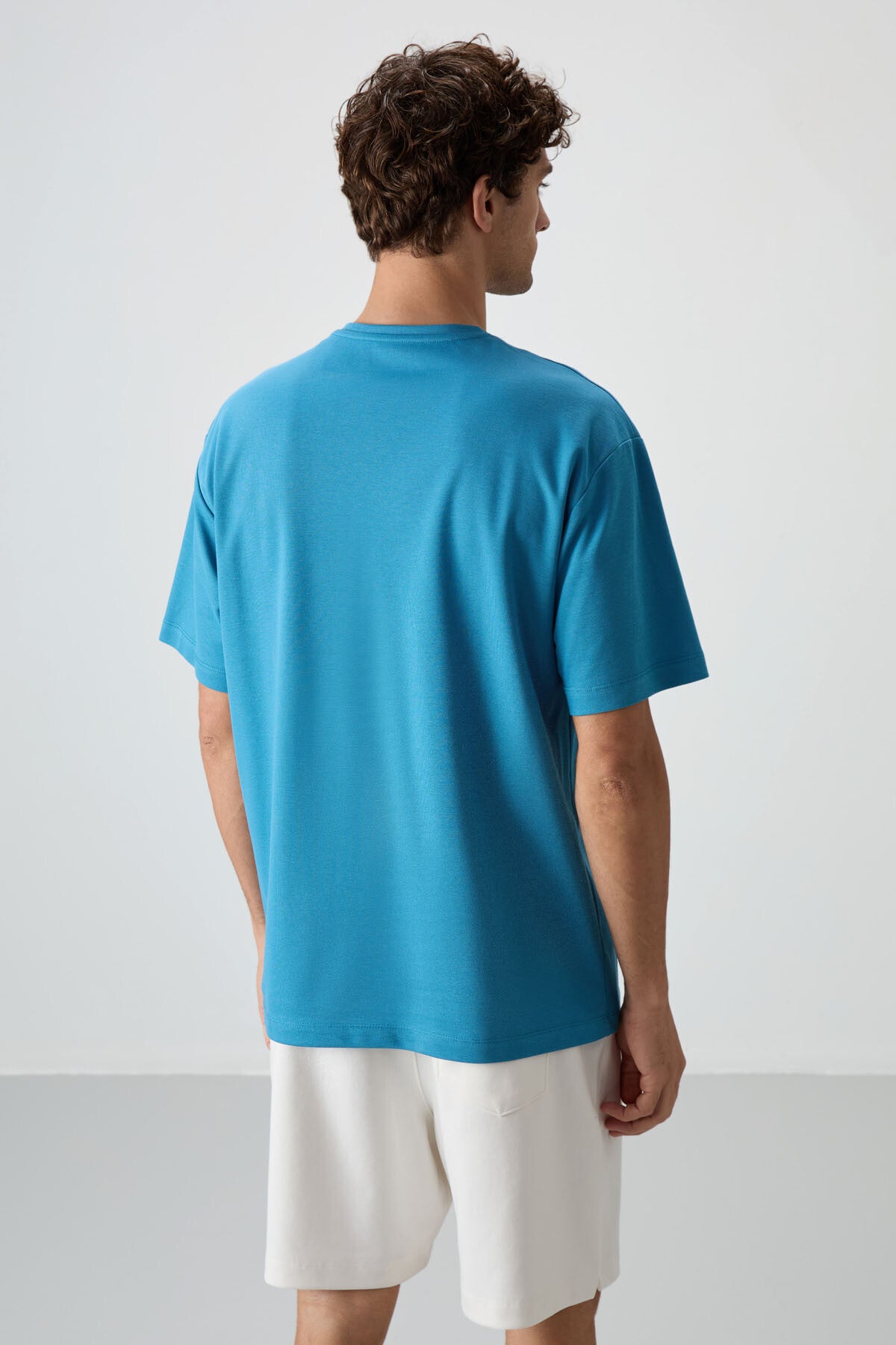 Petrol Blue Cotton Thick Textured Surface Oversize Fit Printed Men's T-Shirt - 88366