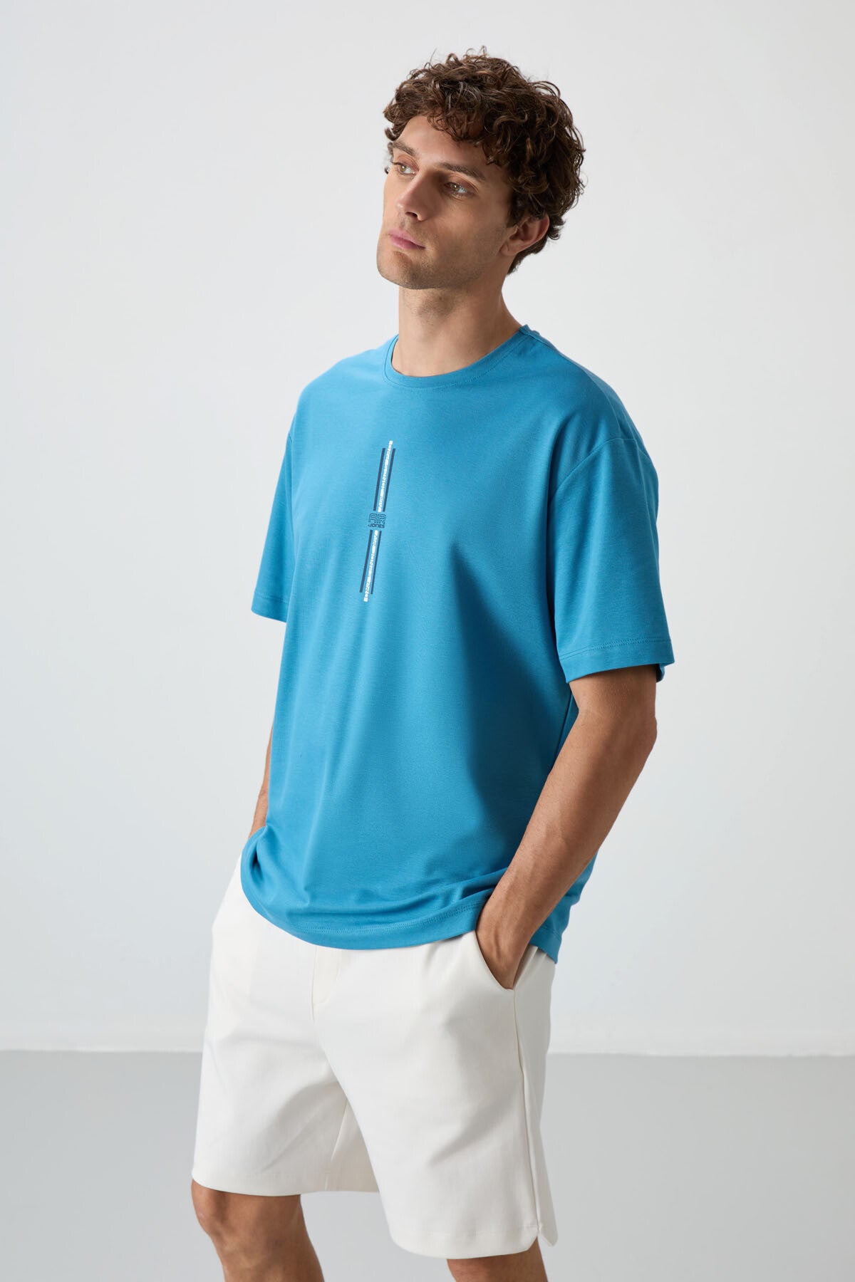 Petrol Blue Cotton Thick Textured Surface Oversize Fit Printed Men's T-Shirt - 88366