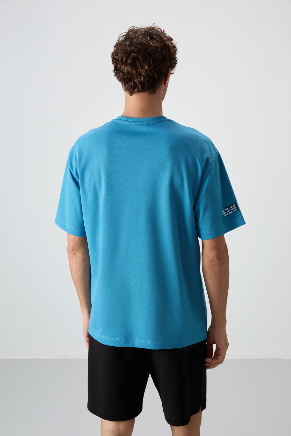 Petrol Blue Cotton Thick Textured Surface Oversize Fit Printed Men's T-Shirt - 88369