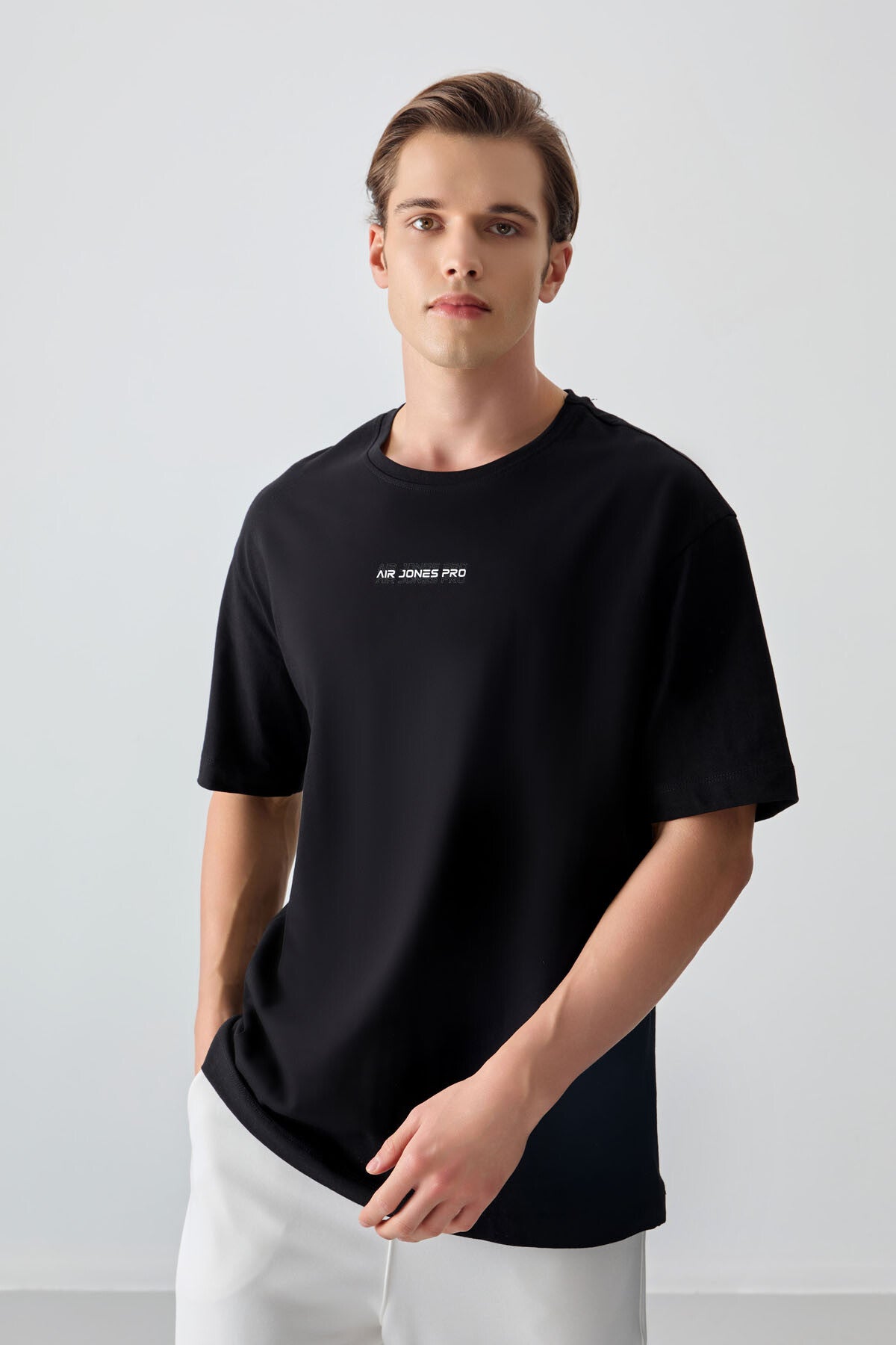 Black %100 Cotton Thick Soft Textured Oversize Fit Printed Men's T-Shirt - 88354