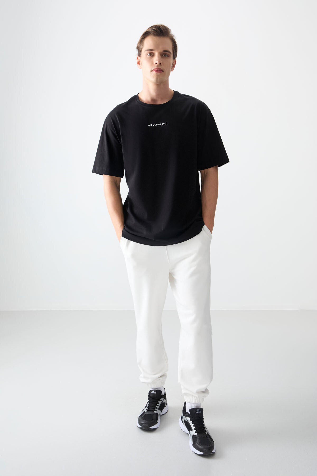 Black %100 Cotton Thick Soft Textured Oversize Fit Printed Men's T-Shirt - 88354