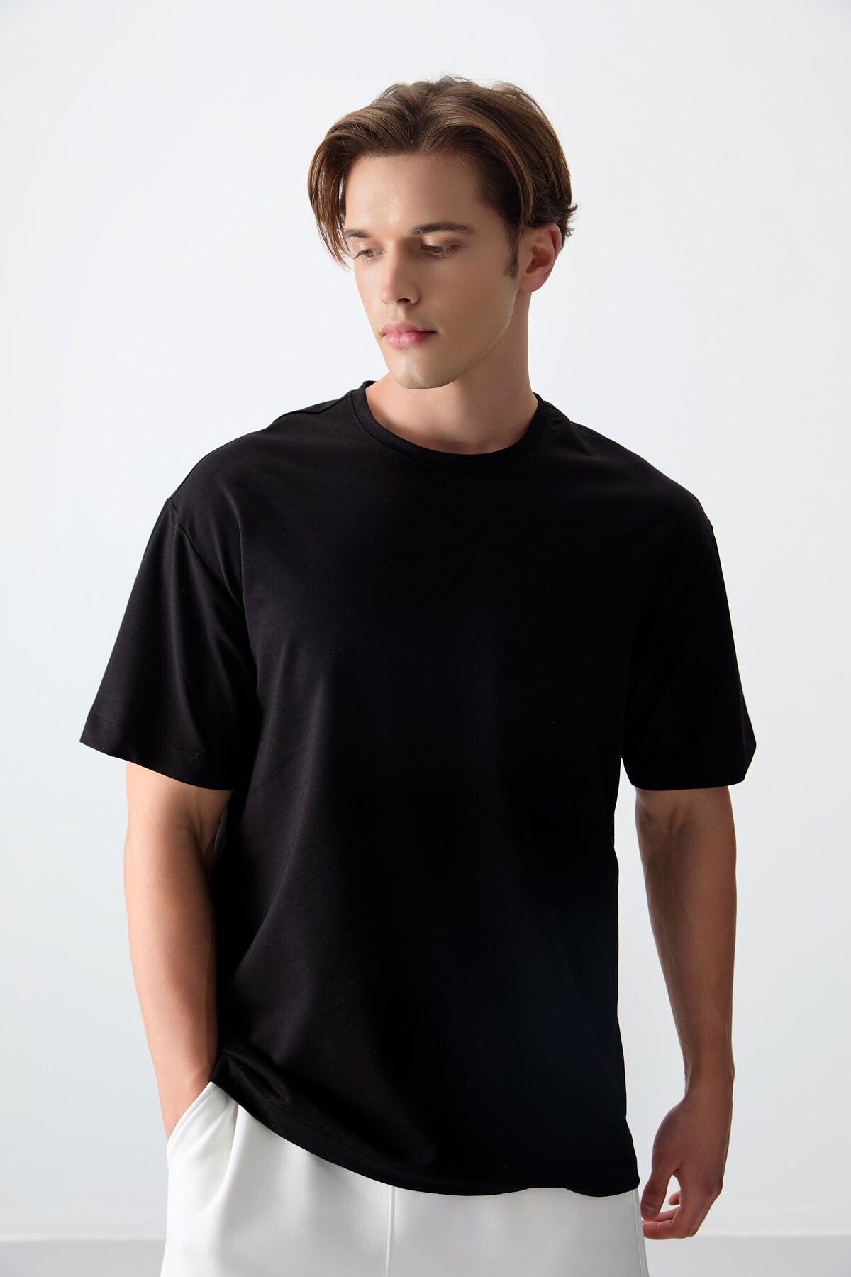 Black Cotton Thick Soft Textured Oversize Fit Basic Men's T-Shirt - 88377