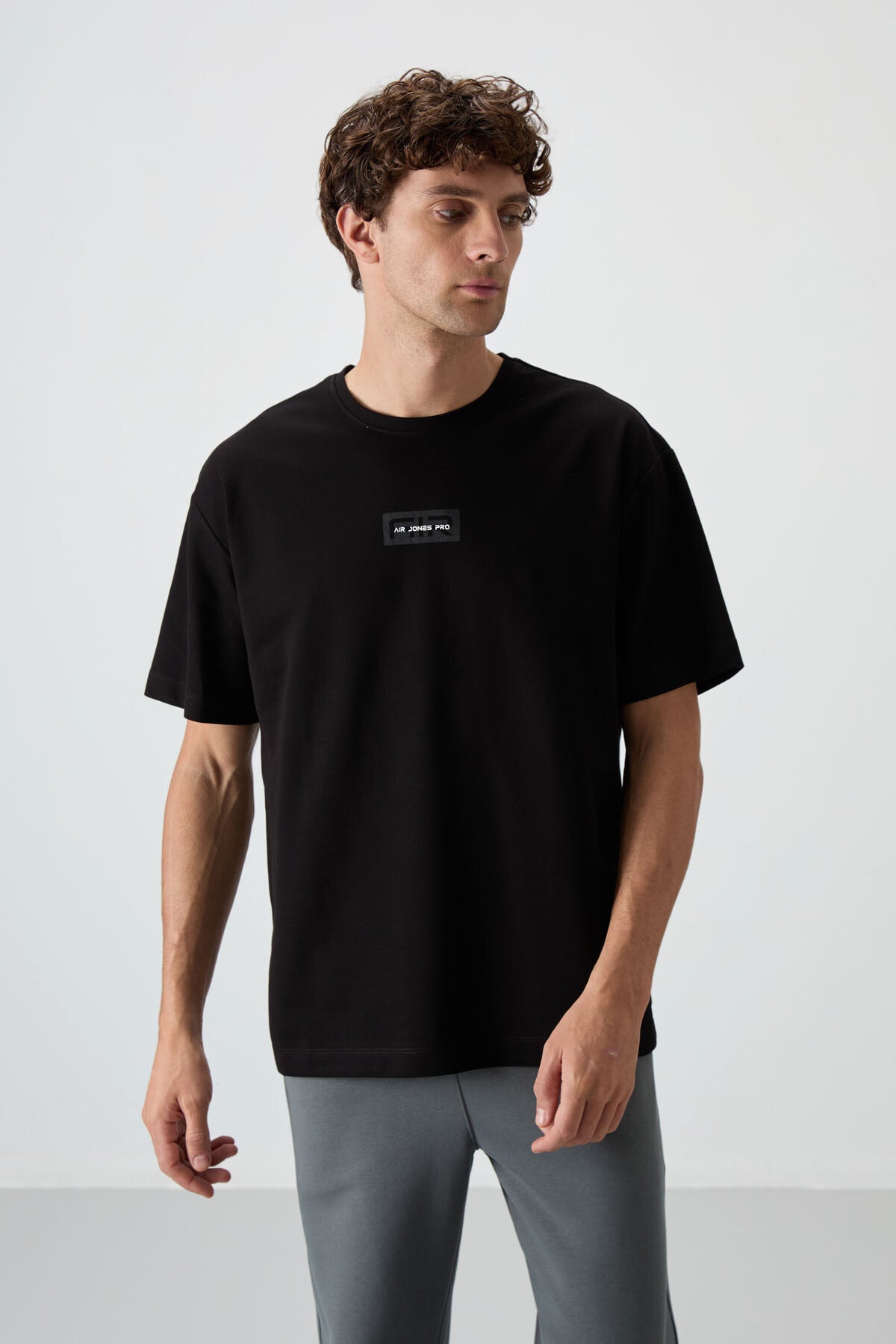 Black Cotton Thick Textured Surface Oversize Fit Printed Men's T-Shirt - 88367