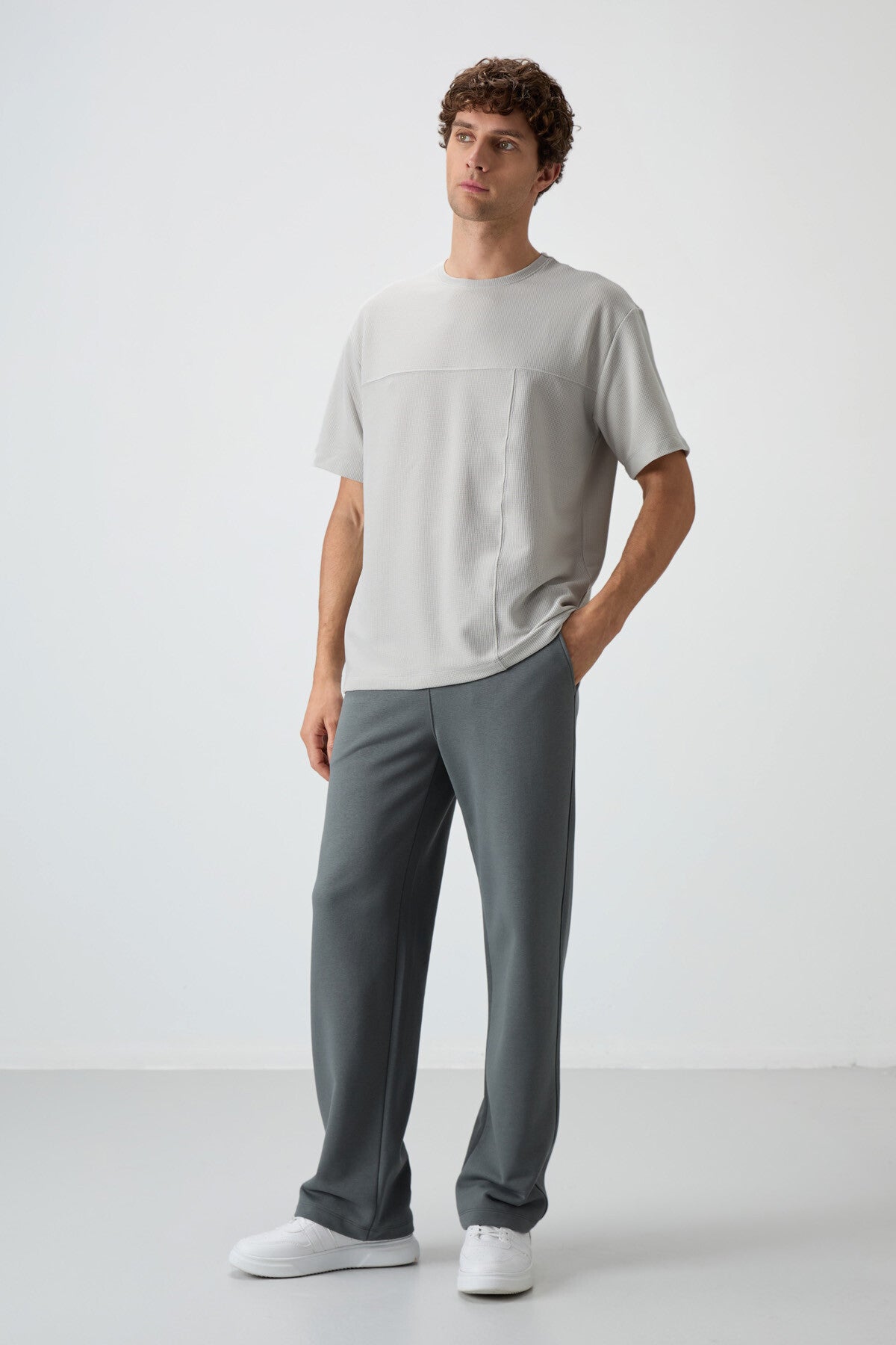 Stone Waffle Interlock Textured Surface Oversize Fit Basic Men's T-Shirt - 88380