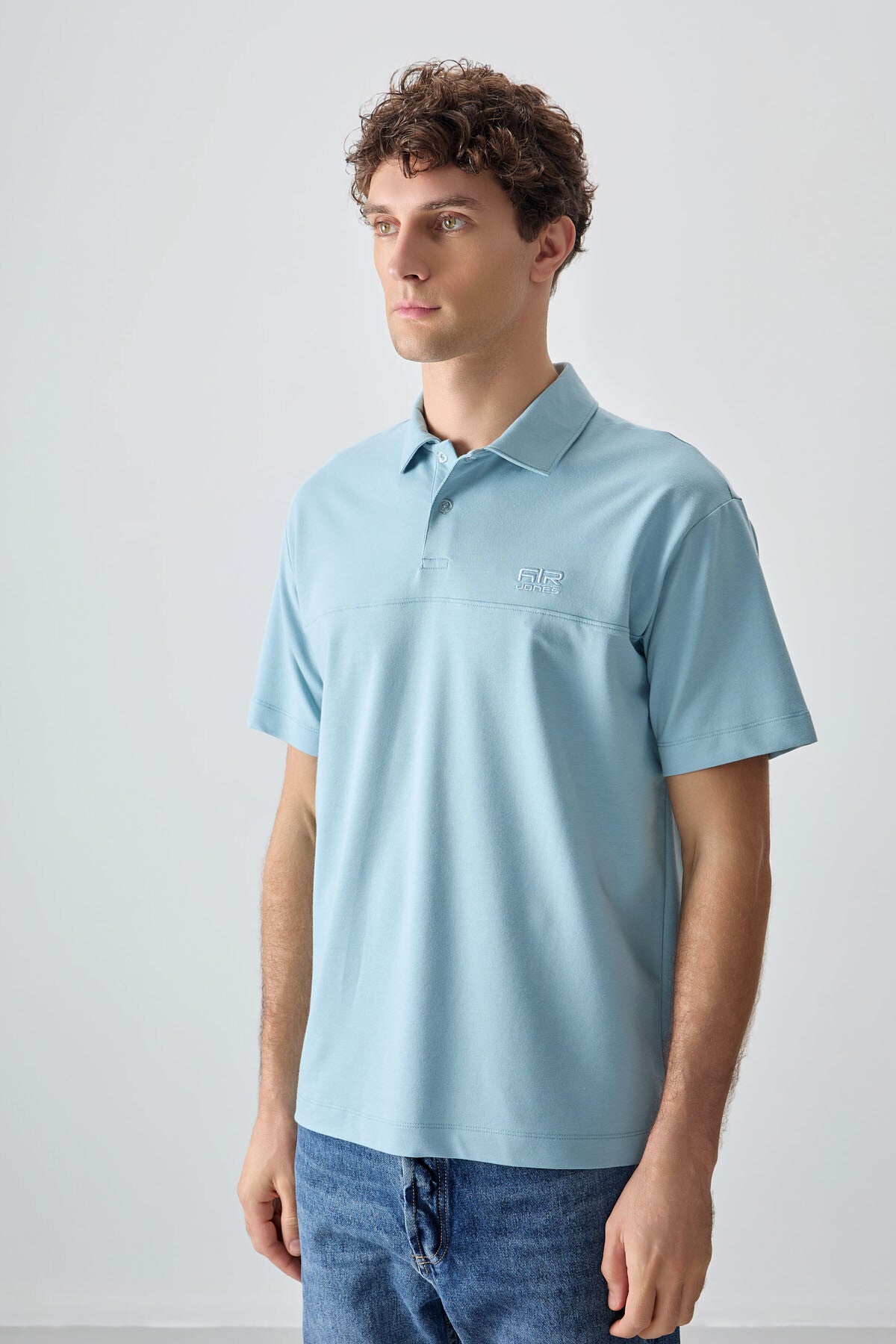 Light Blue Cotton Thick Soft Textured Polo Collar Oversize Fit Basic Men's T-Shirt - 88382