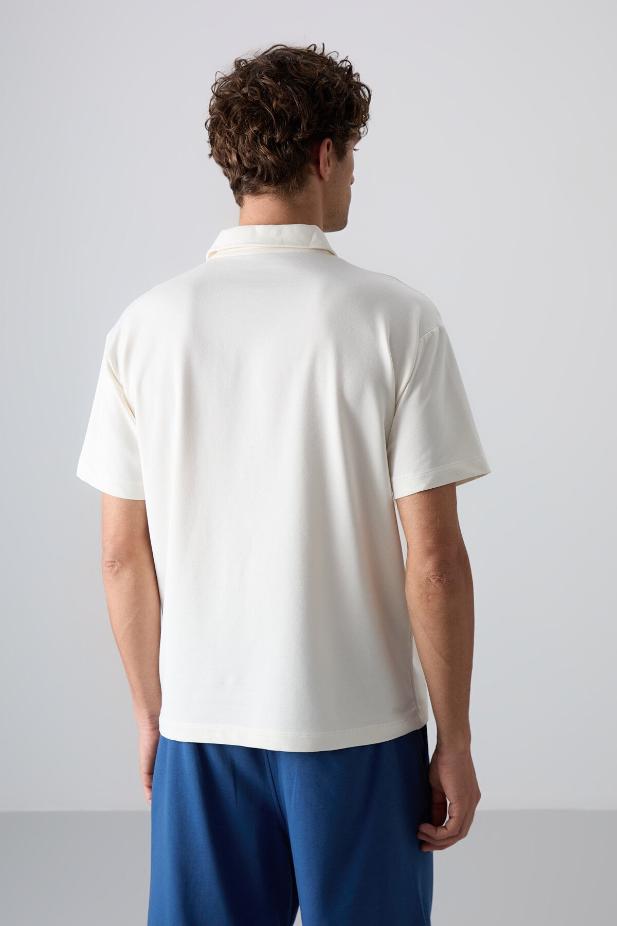 Ecru Thick Soft Textured Cotton Oversize Fit Printed Polo Collar Men's T-Shirt - 88347