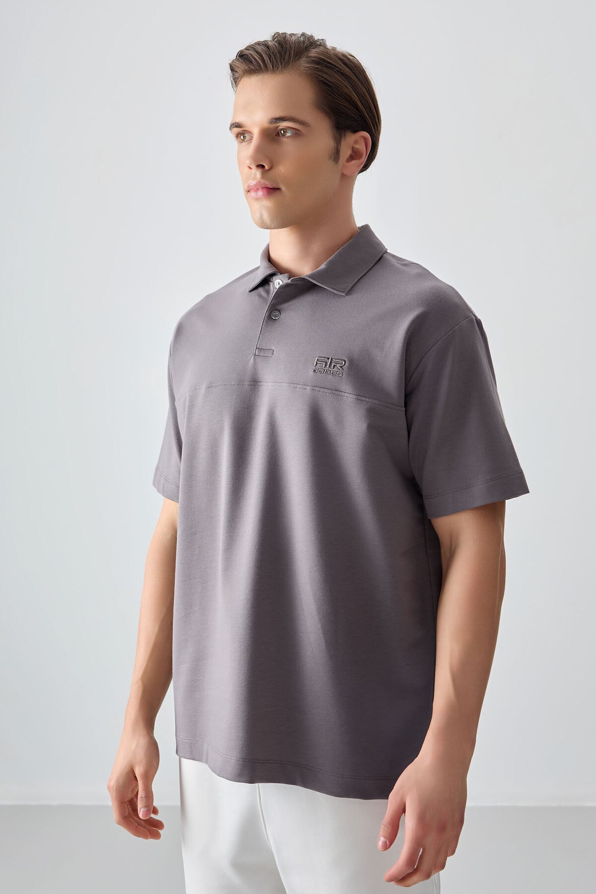 Dark Grey Cotton Thick Soft Textured Polo Collar Oversize Fit Basic Men's T-Shirt - 88382