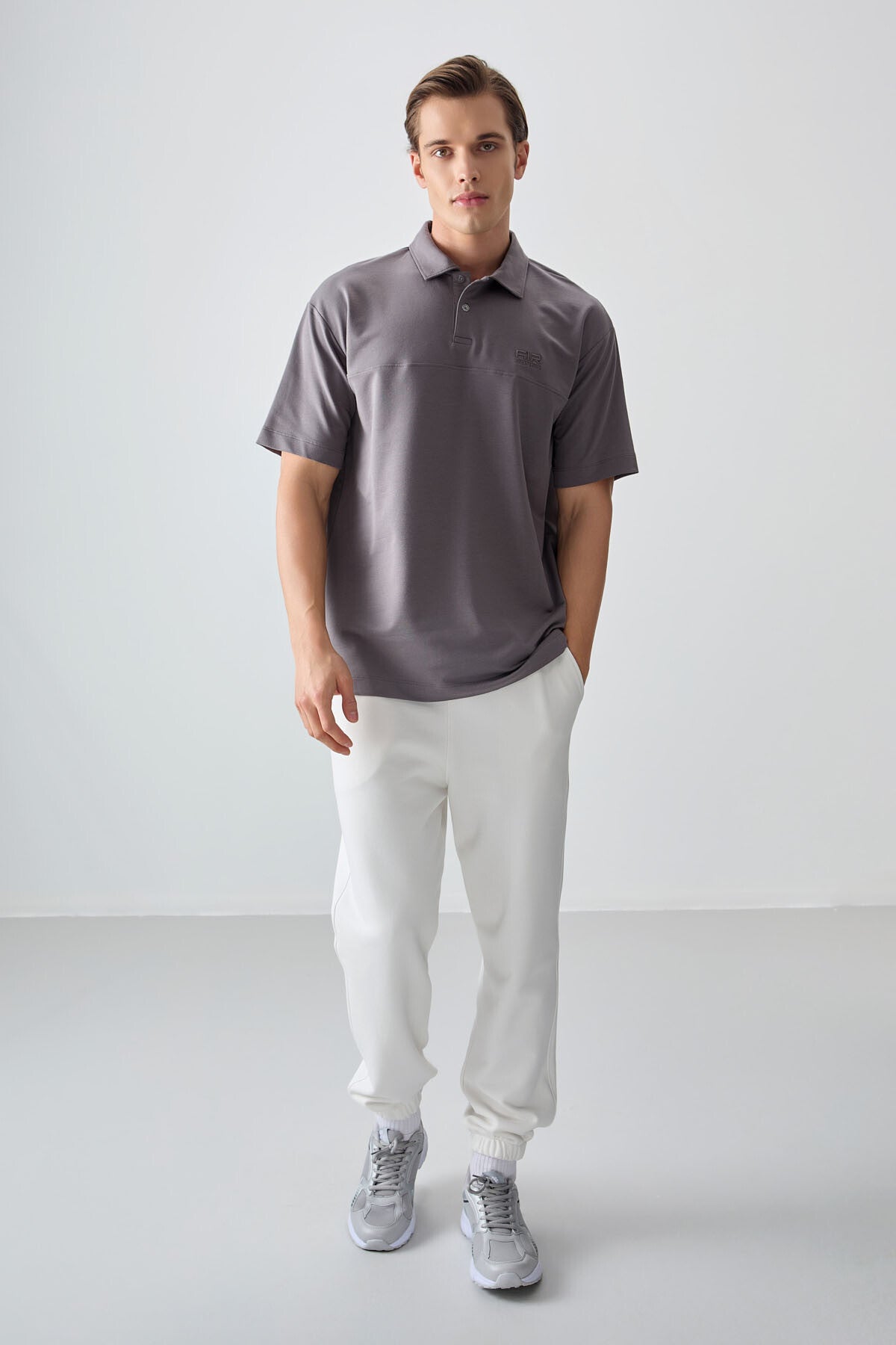 Dark Grey Cotton Thick Soft Textured Polo Collar Oversize Fit Basic Men's T-Shirt - 88382
