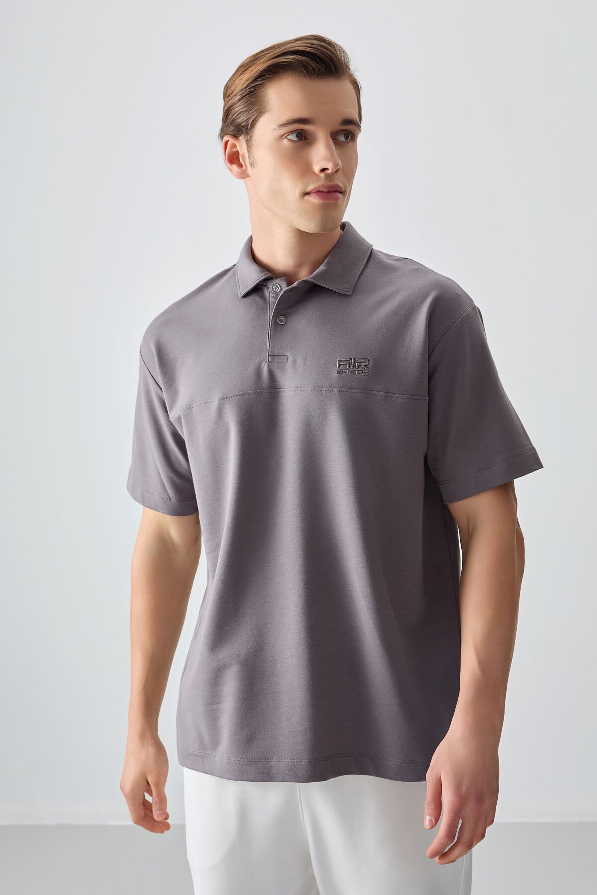 Dark Grey Cotton Thick Soft Textured Polo Collar Oversize Fit Basic Men's T-Shirt - 88382