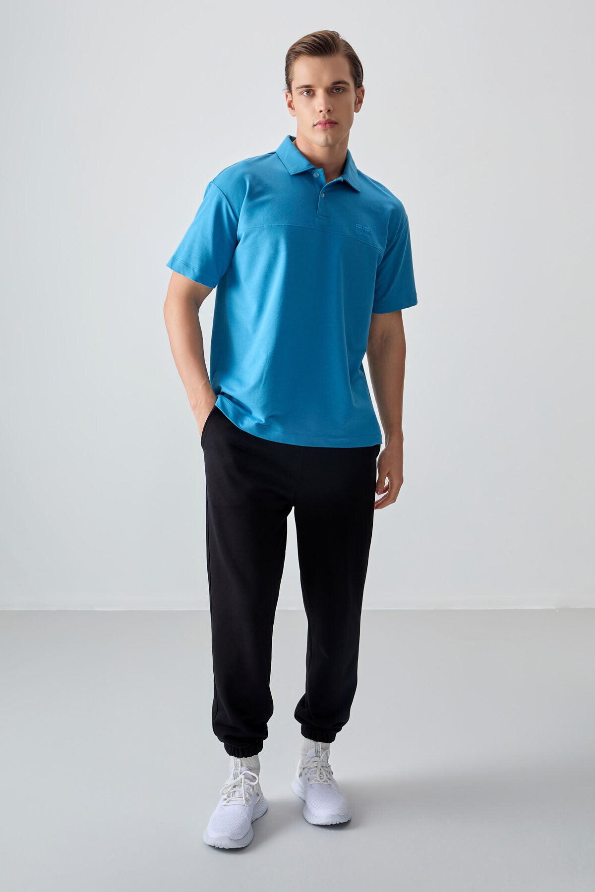 Blue Cotton Thick Soft Textured Polo Collar Oversize Fit Basic Men's T-Shirt - 88382