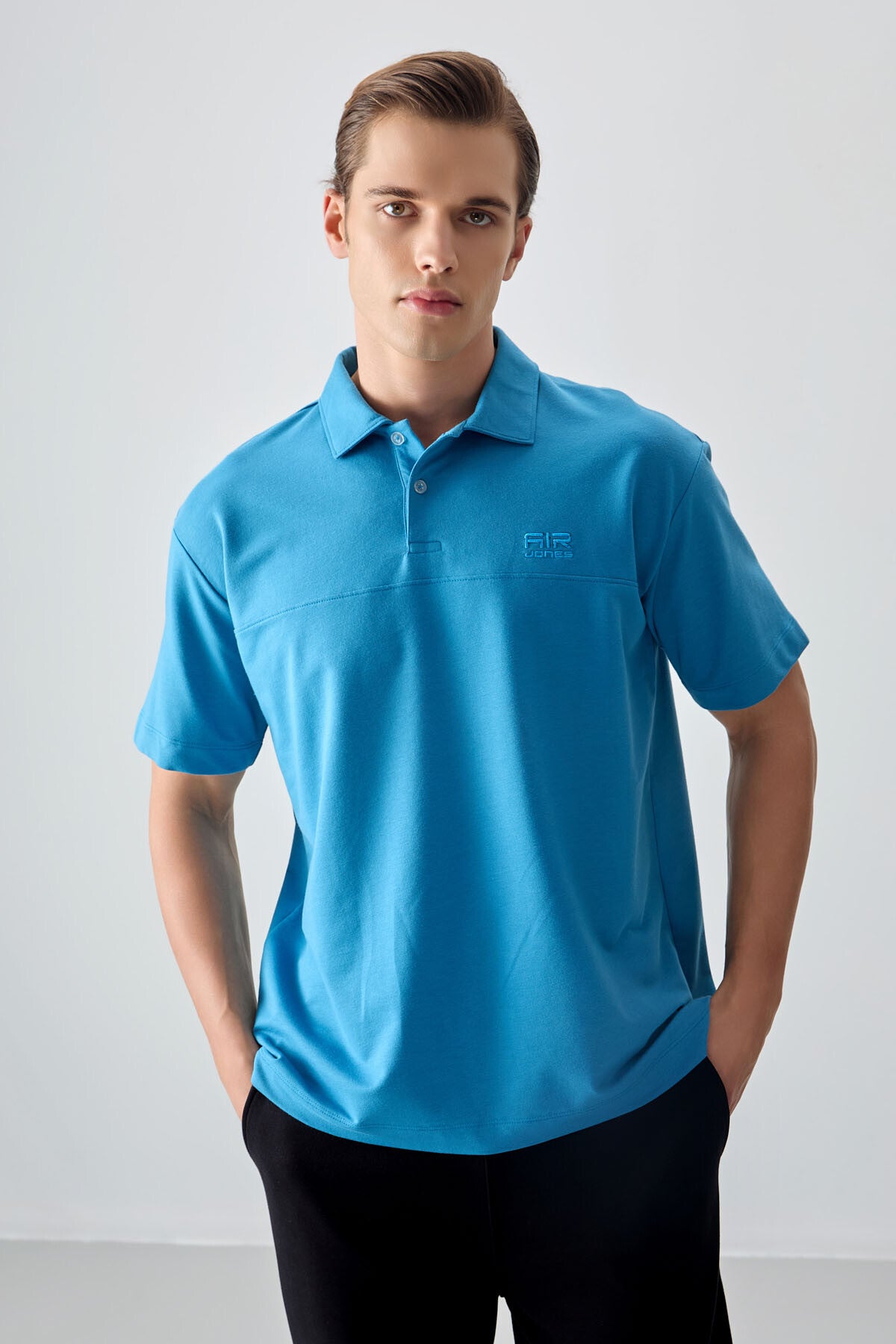 Blue Cotton Thick Soft Textured Polo Collar Oversize Fit Basic Men's T-Shirt - 88382