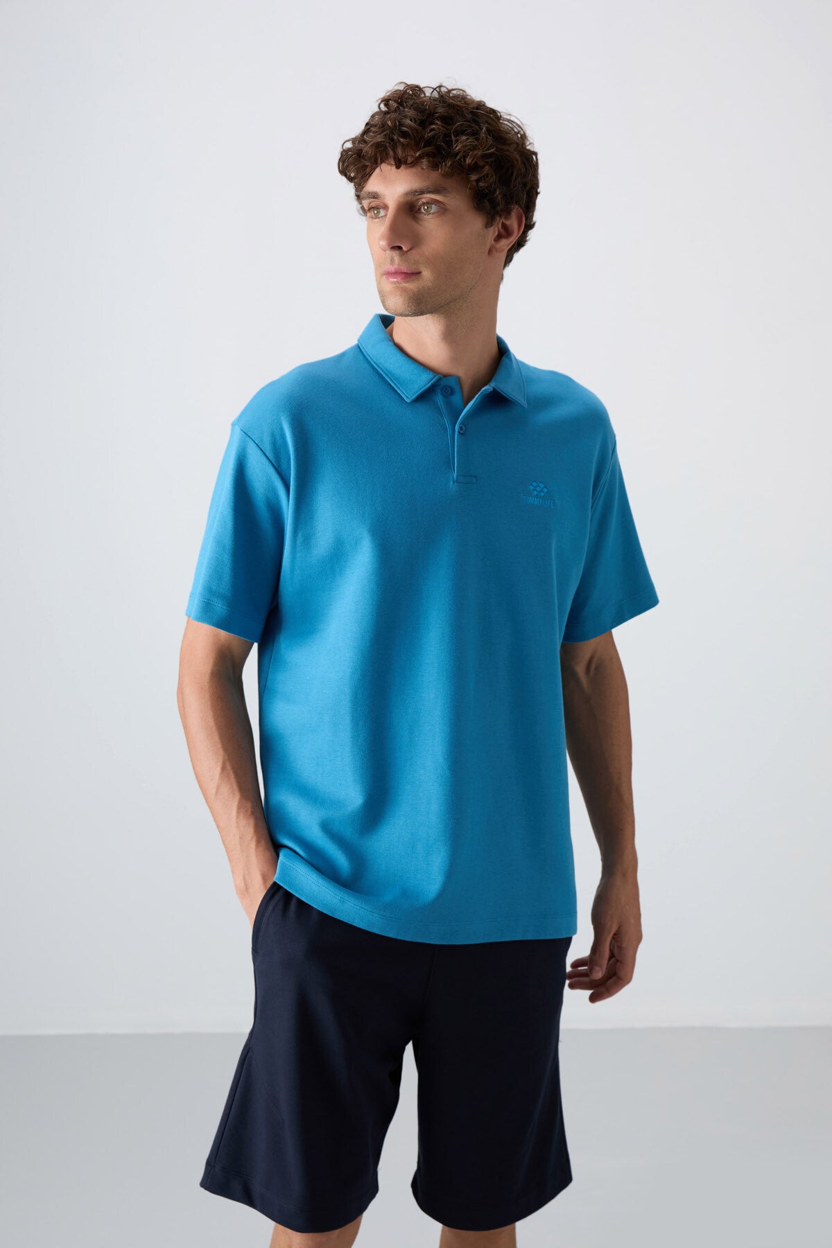 Petrol Blue Cotton Thick Soft Textured Oversize Fit Basic Polo Collar Men's T-Shirt - 88327