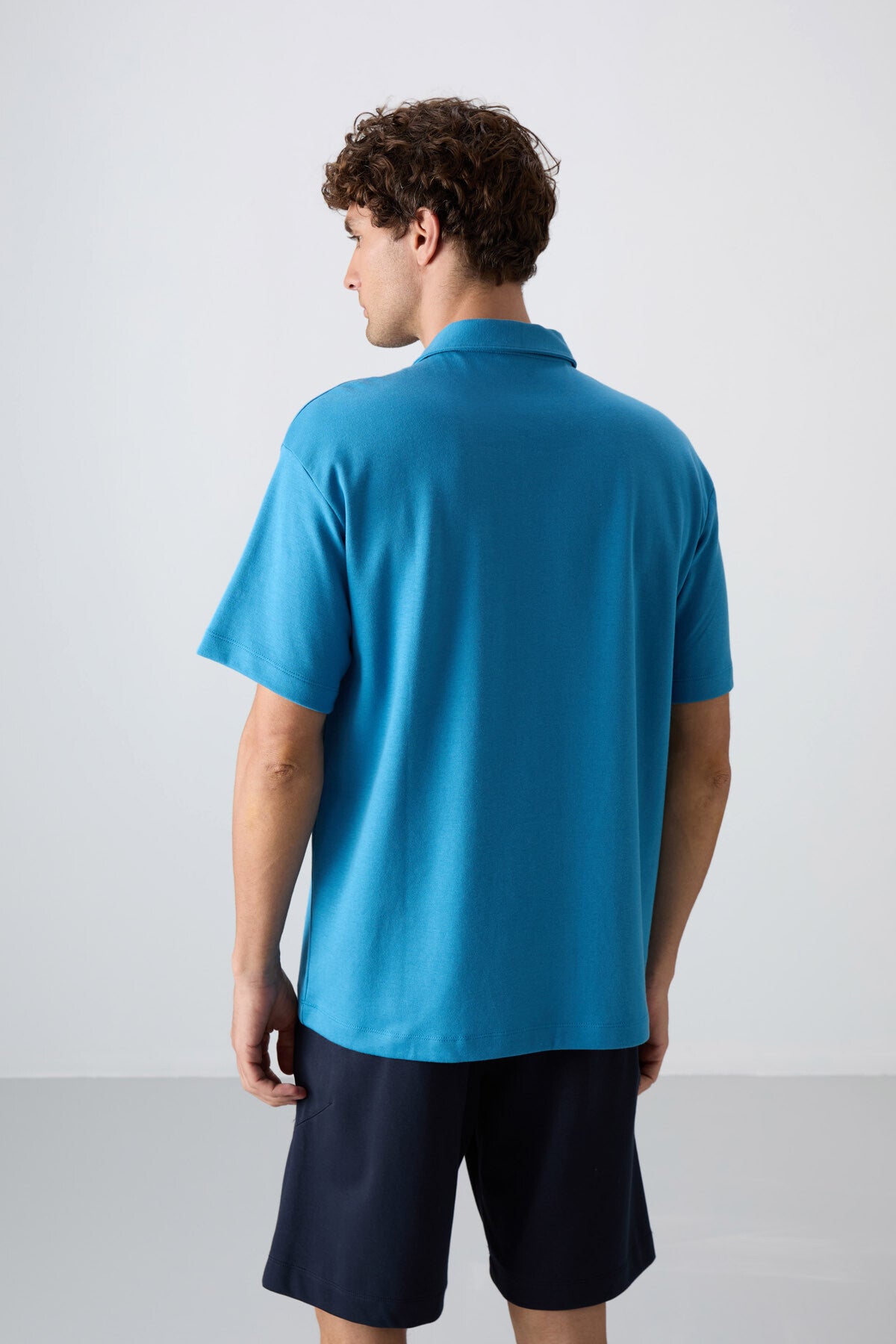 Petrol Blue Cotton Thick Soft Textured Oversize Fit Basic Polo Collar Men's T-Shirt - 88327
