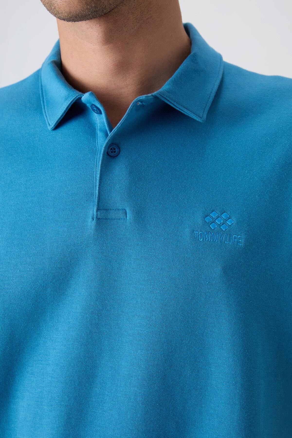 Petrol Blue Cotton Thick Soft Textured Oversize Fit Basic Polo Collar Men's T-Shirt - 88327