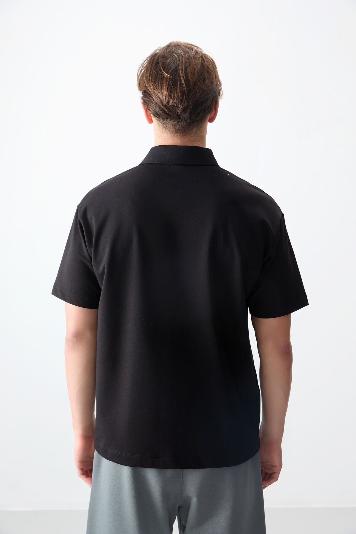 Black Cotton Thick Soft Textured Polo Collar Oversize Fit Basic Men's T-Shirt - 88382