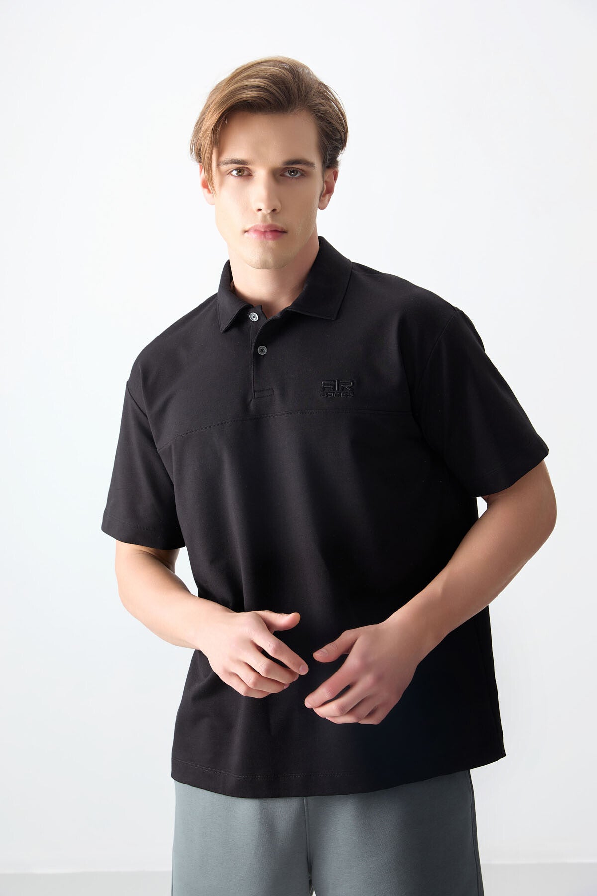 Black Cotton Thick Soft Textured Polo Collar Oversize Fit Basic Men's T-Shirt - 88382