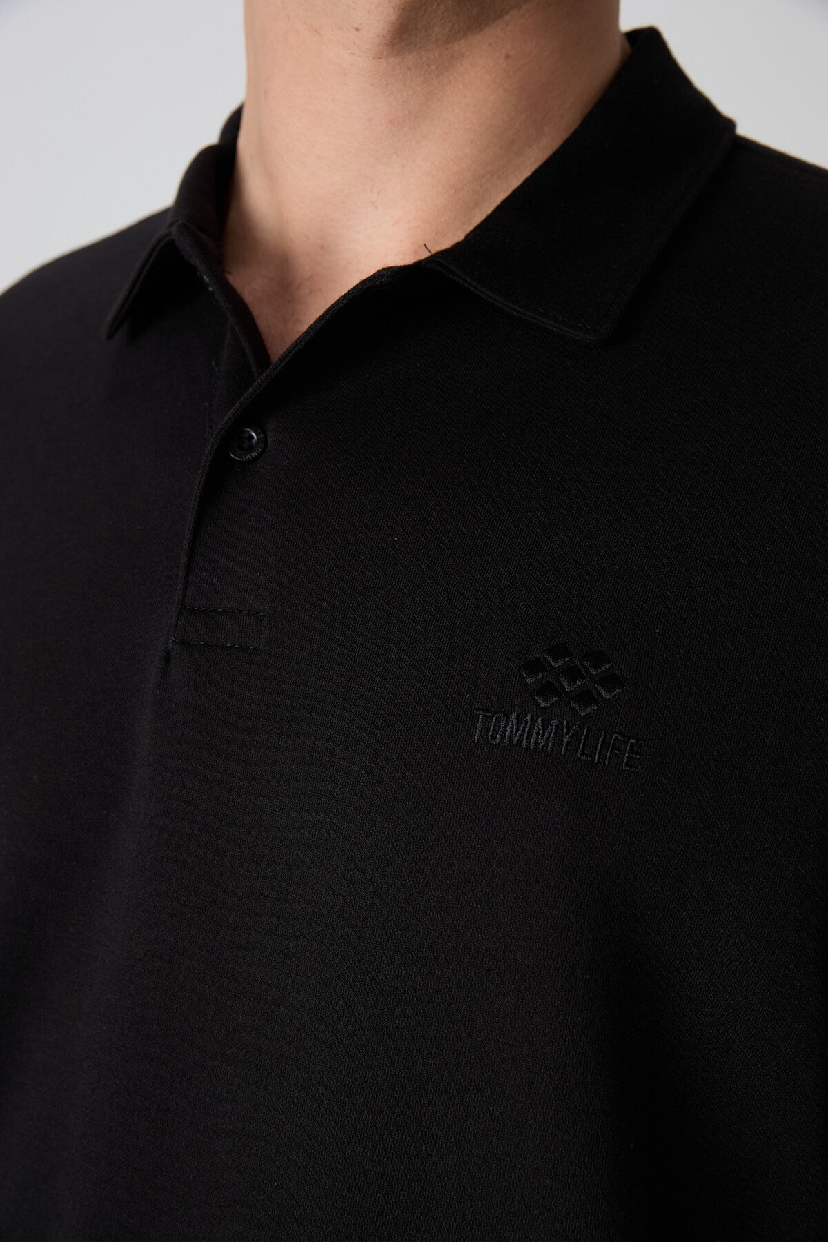 Black Cotton Thick Soft Textured Oversize Fit Basic Polo Collar Men's T-Shirt - 88327