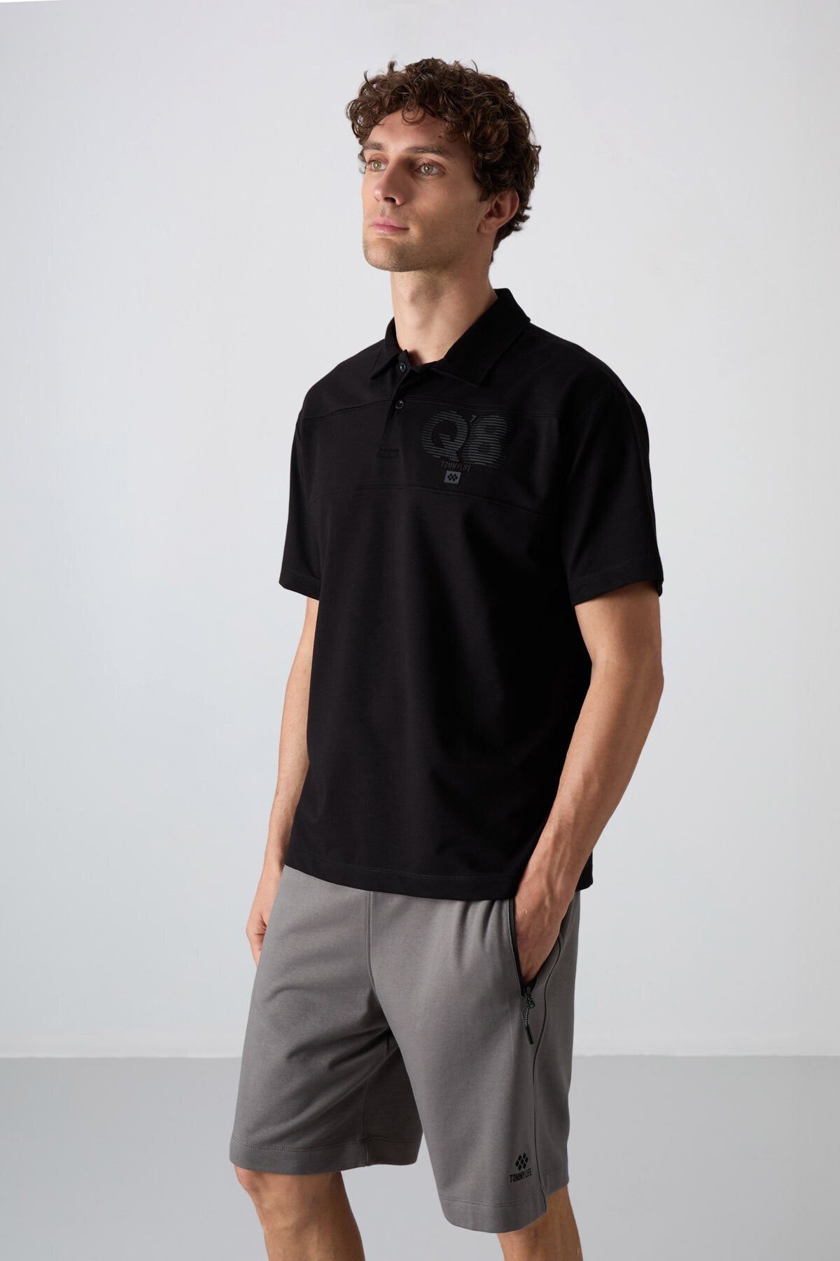 Black Cotton Thick Soft Textured Oversize Fit Printed Polo Collar Men's T-Shirt - 88347