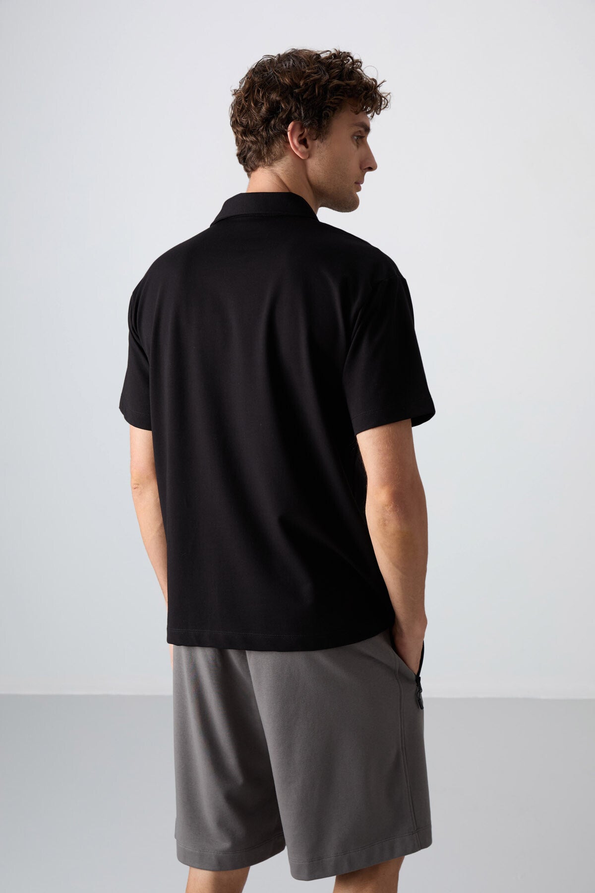 Black Cotton Thick Soft Textured Oversize Fit Printed Polo Collar Men's T-Shirt - 88347
