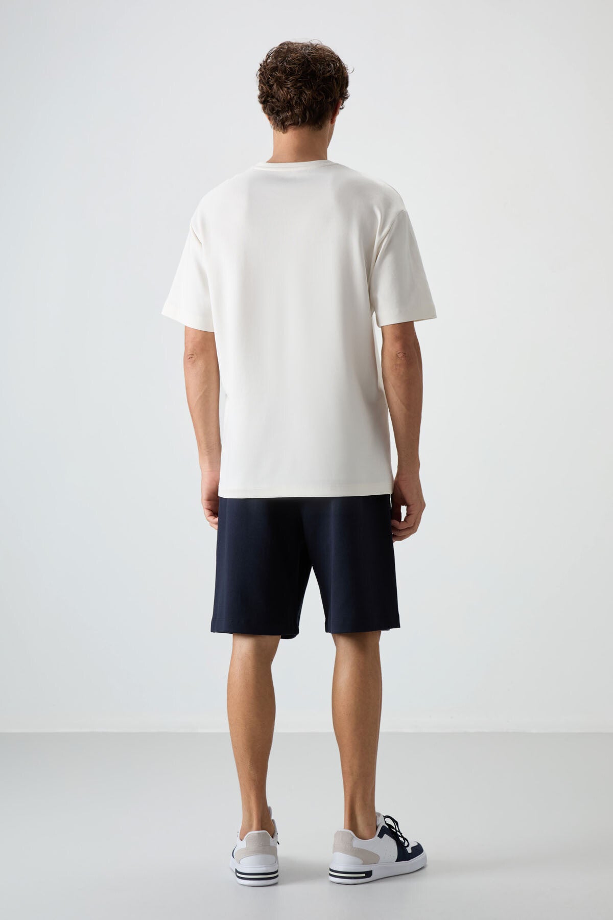 Ecru - Navy Blue Cotton Thick Soft Textured Oversize Fit Basic Men's Shorts Set - 85249