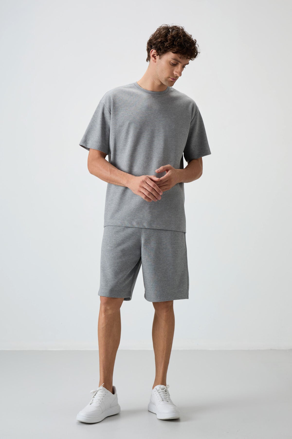 Grey Melange Cotton Thick Soft Textured Oversize Fit Basic Men's Shorts Set - 85249