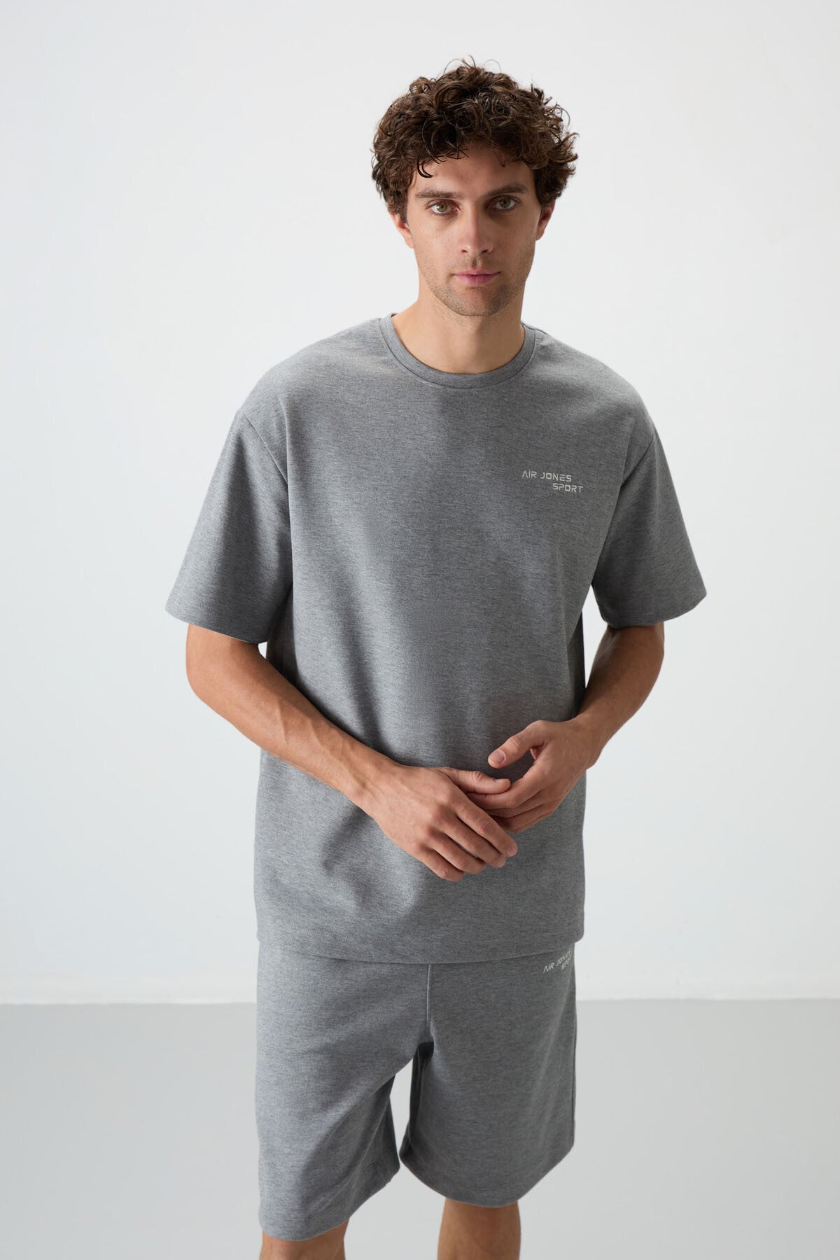 Grey Melange Cotton Thick Soft Textured Oversize Fit Embroidered Men's Shorts Set - 85250