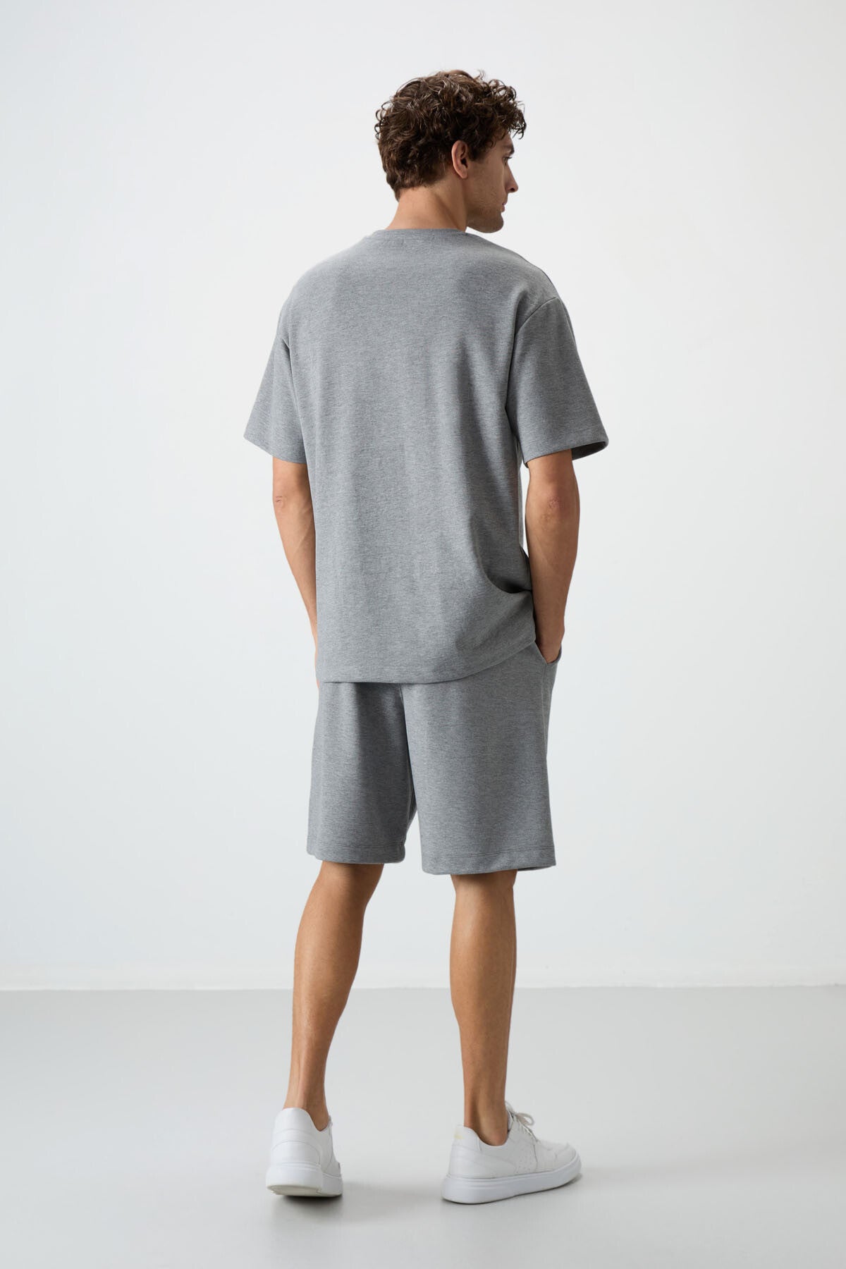 Grey Melange Cotton Thick Soft Textured Oversize Fit Embroidered Men's Shorts Set - 85250
