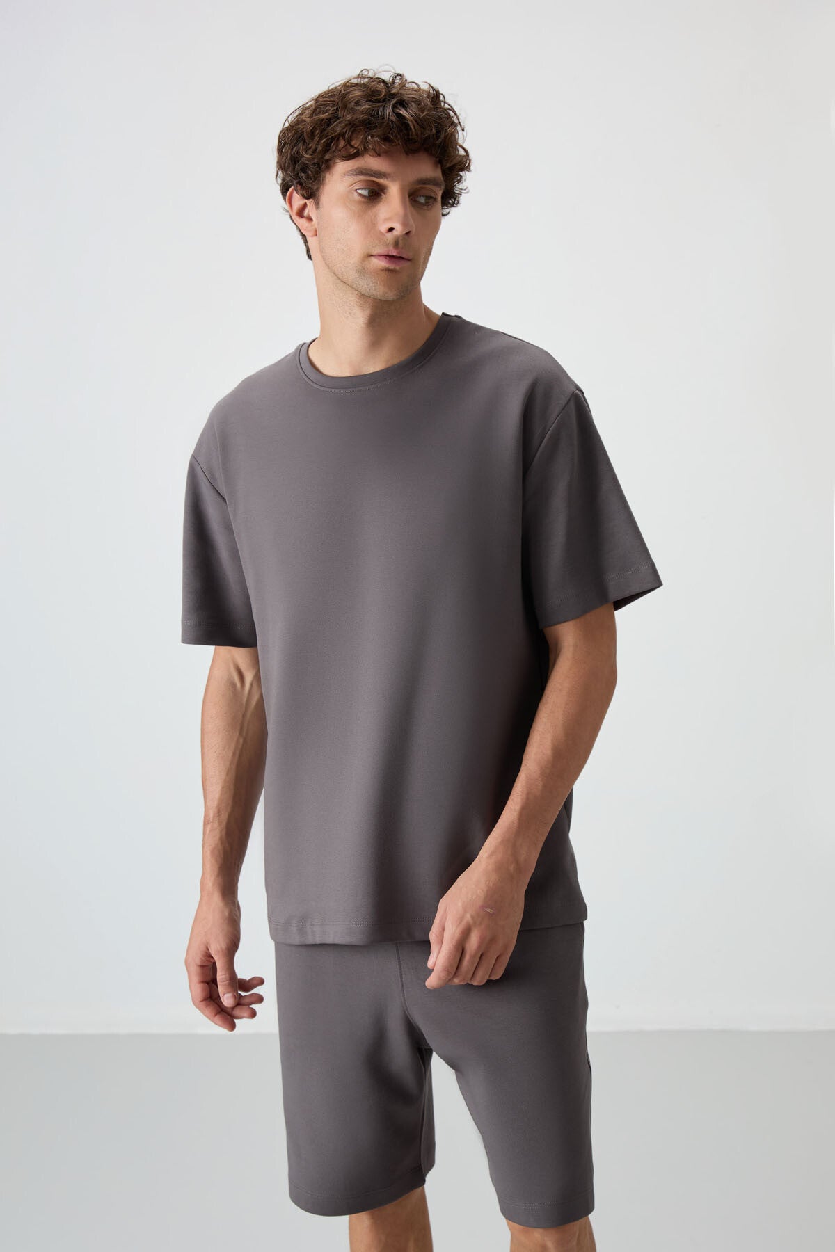 Dark Grey Cotton Thick Soft Textured Oversize Fit Basic Men's Shorts Set - 85249