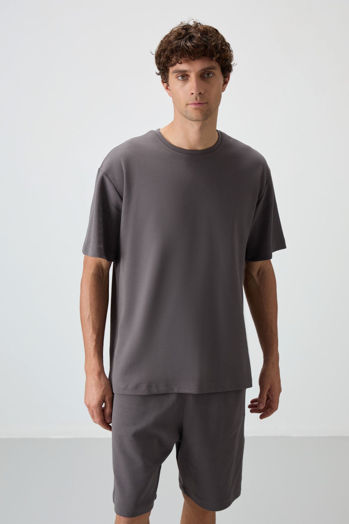 Dark Grey Cotton Thick Soft Textured Oversize Fit Basic Men's Shorts Set - 85249