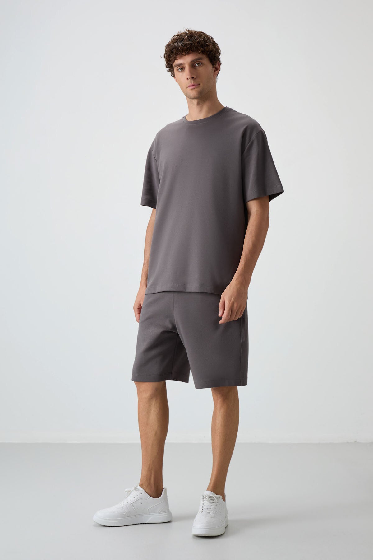 Dark Grey Cotton Thick Soft Textured Oversize Fit Basic Men's Shorts Set - 85249