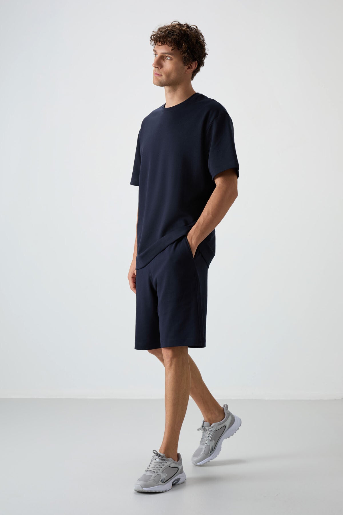 Navy Blue Cotton Thick Soft Textured Oversize Fit Basic Men's Shorts Set - 85249