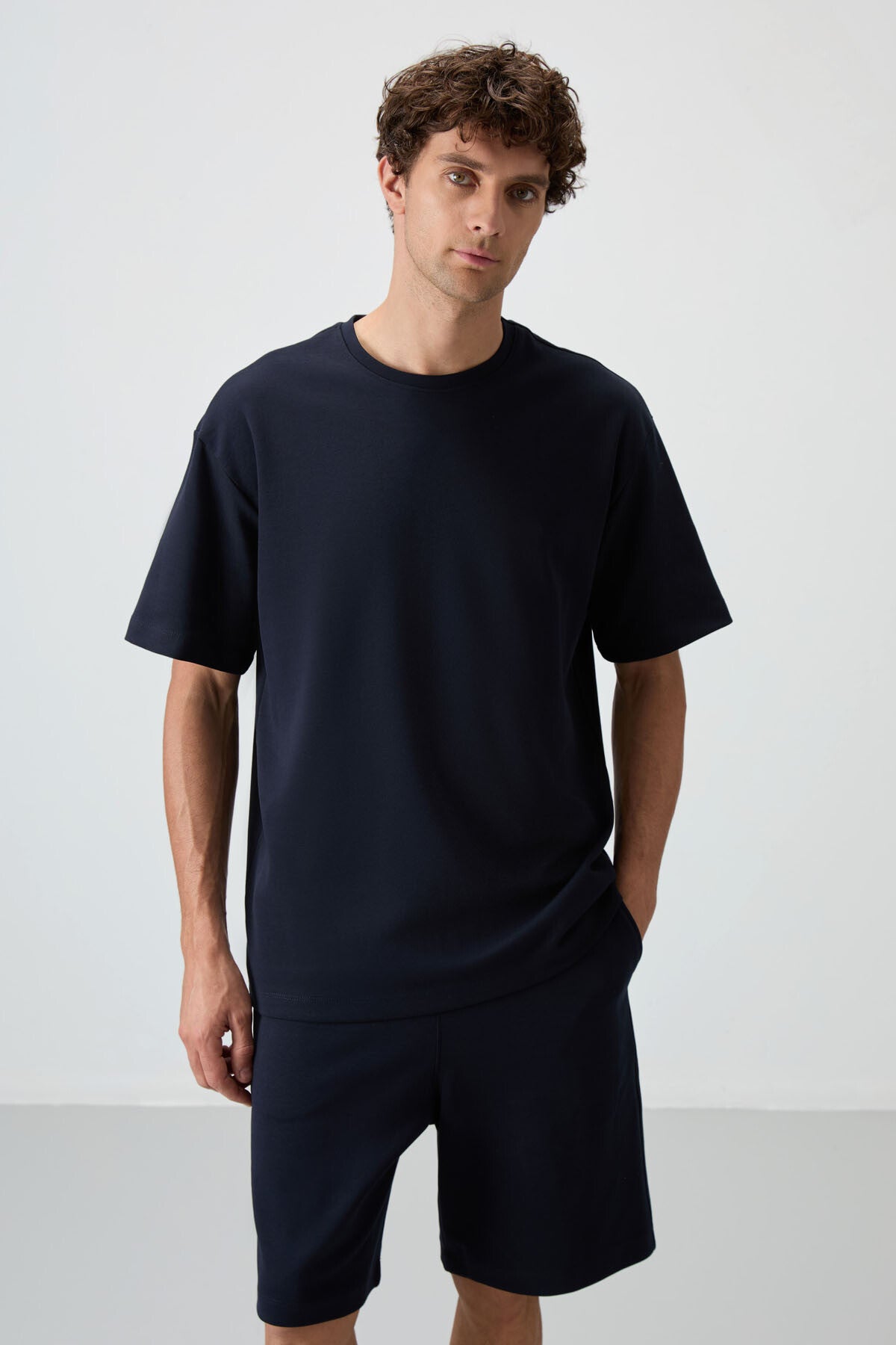 Navy Blue Cotton Thick Soft Textured Oversize Fit Basic Men's Shorts Set - 85249