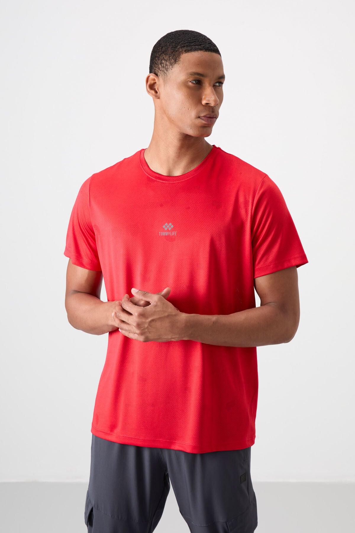 Red Polyester Breathable Jacquard Thin Flexible Standard Fit Men's Performance T-Shirt - 88397