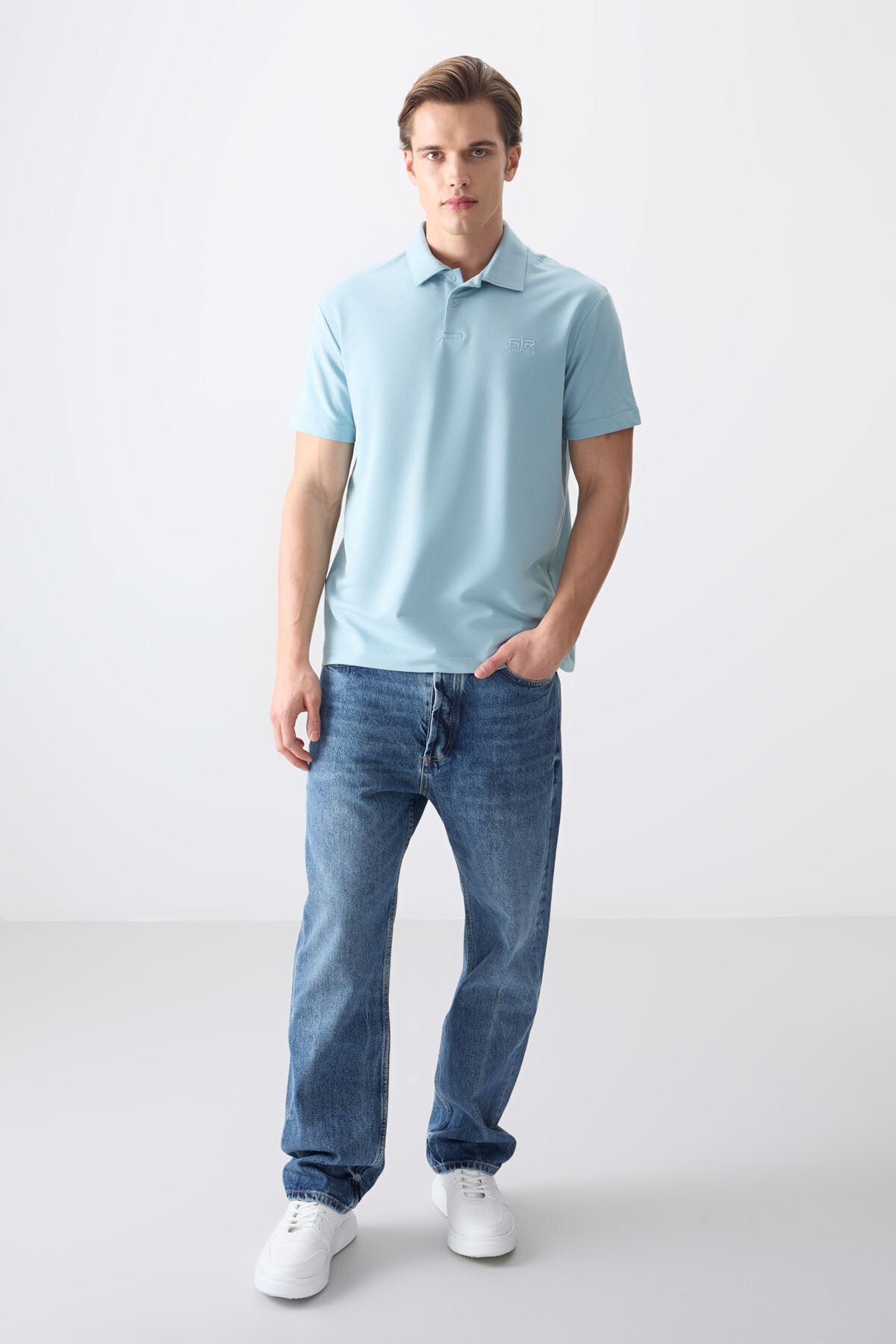 Light Blue Cotton Thick Soft Textured Polo Collar Oversize Fit Basic Men's T-Shirt - 88381