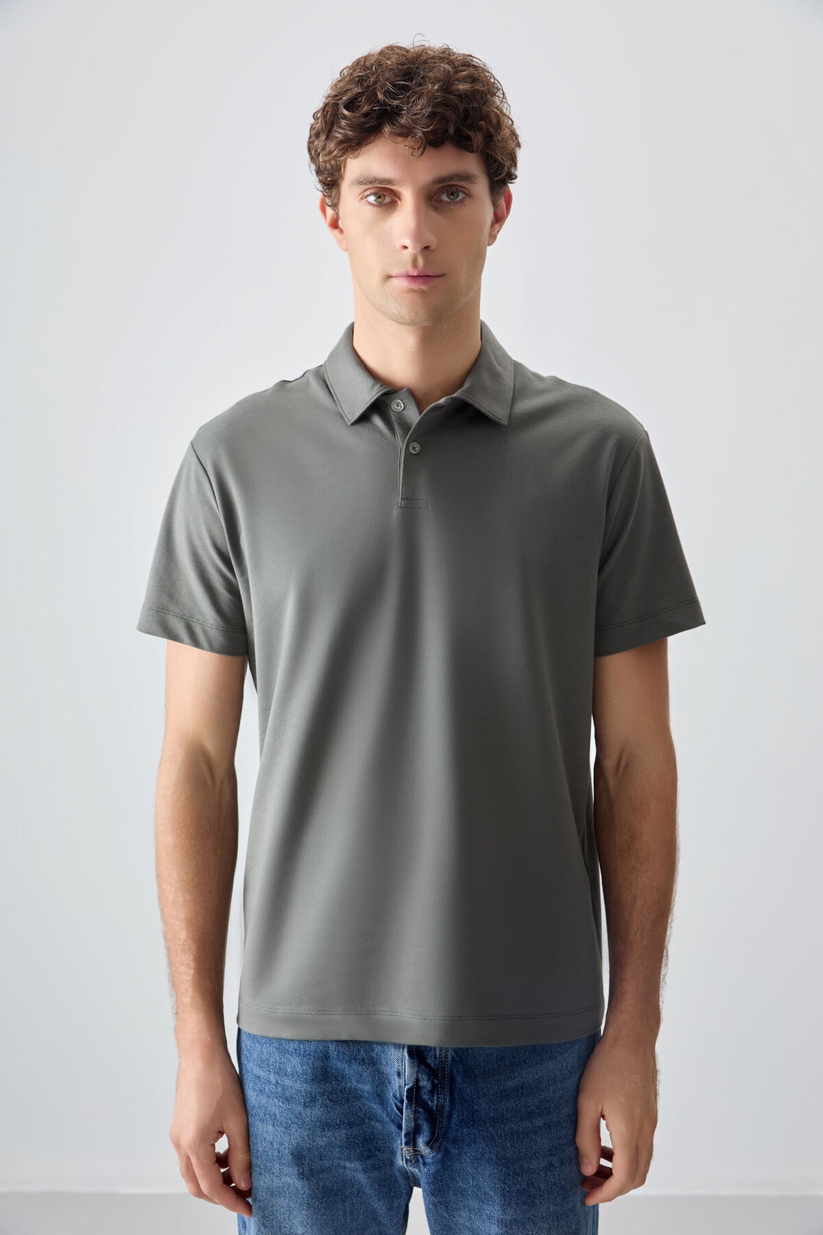 Cotton Right Thick Soft Textured Polo Collar Oversize Fit Basic Men's T-Shirt - 88381