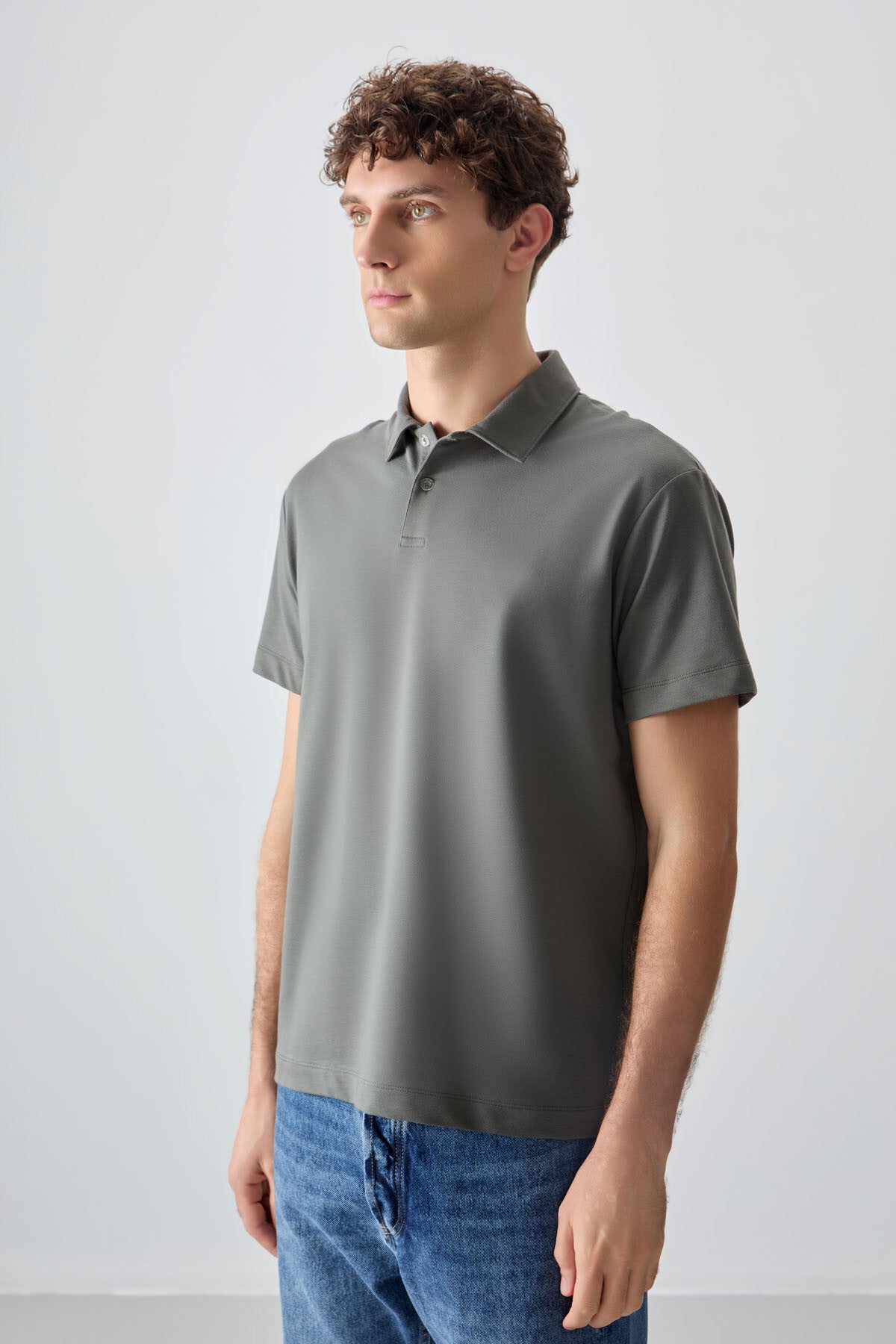 Cotton Right Thick Soft Textured Polo Collar Oversize Fit Basic Men's T-Shirt - 88381