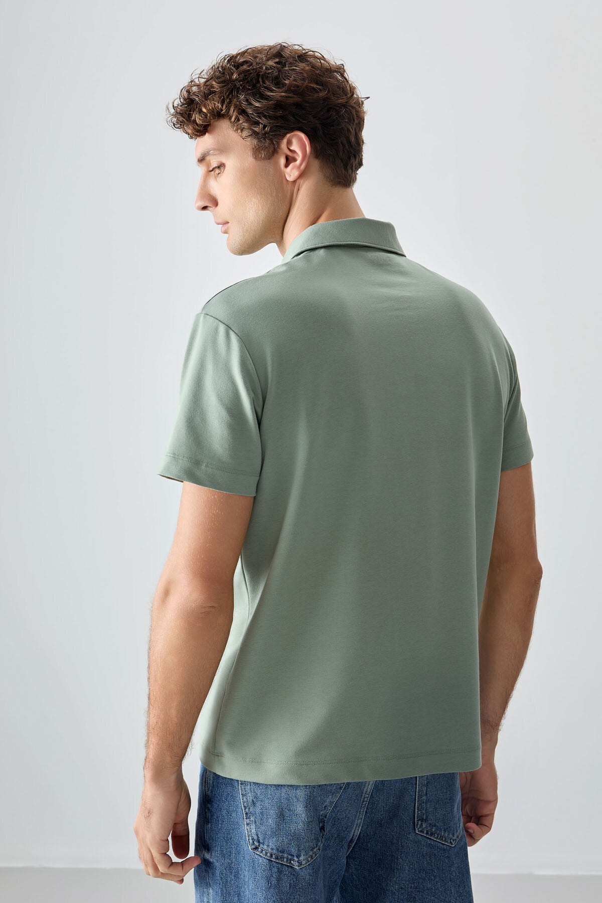 Light green cotton thick soft woven polo collar oversize fit basic men t-shirt - 88381